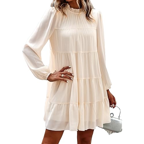KIRUNDO Women Spring Long Sleeve Ruffle Mock Neck Tiered Mini Babydoll Dress 2025 Casual Summer Flowy Swing Tunic Shift Dress