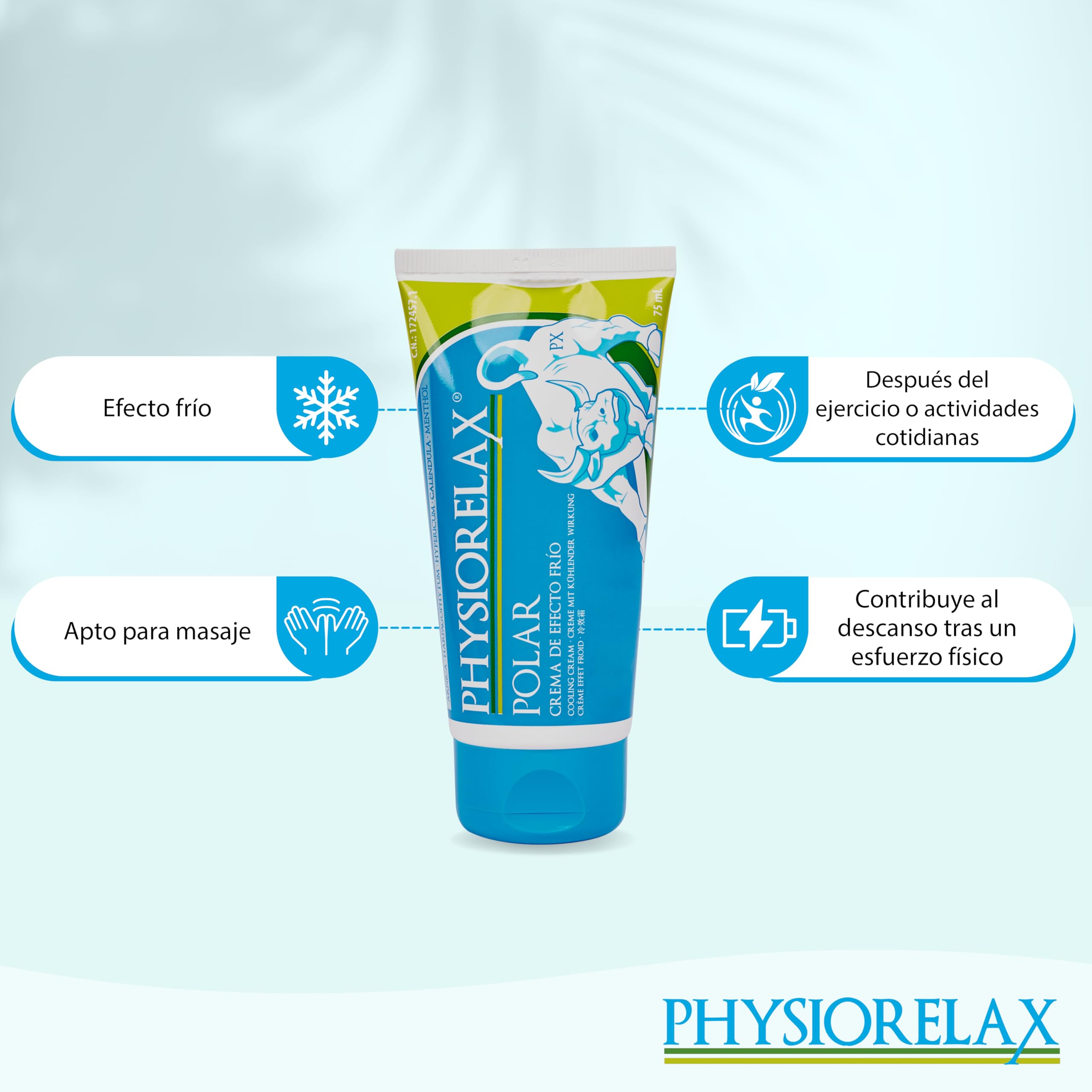 Physiorelax - Polar, Crema Apta para masaje, Efecto Frío, Con sensación Refrescante y Relajante, Contribuye al Descanso tras la Actividad Física Cotidiana, Ingredientes Naturales - 75 ml