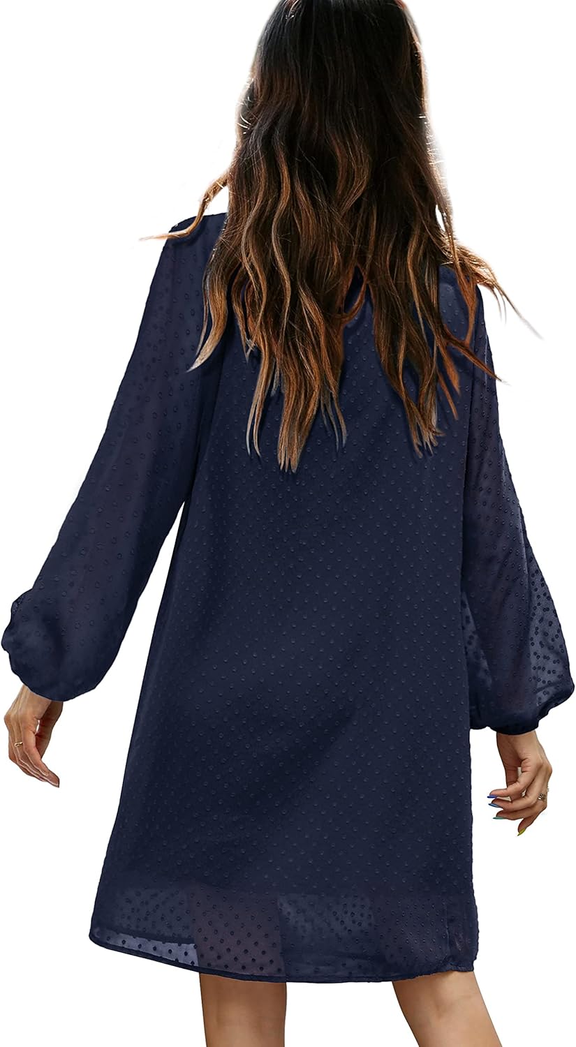 Amoretu Women's Shift Dress Plain Swiss Dot Long Sleeve Dresses (Navy Blue, S) - Image 3