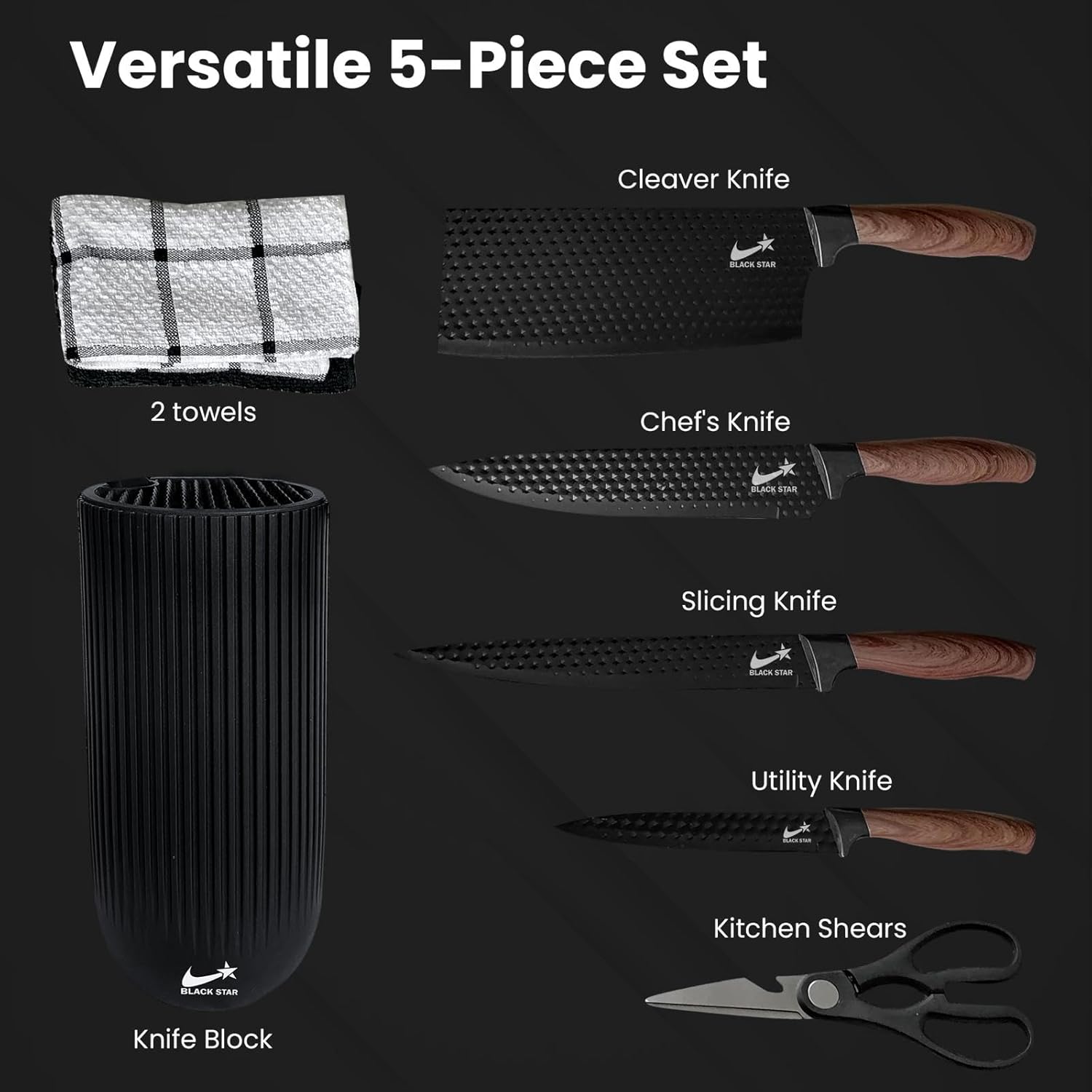 Knife Set, Black Star Kitchen Knife Set, Knives Set for Kitchen, Universal Knife Block, New Home Essentials, Utility Knife Block Set, Dishwasher Safe, Apartment Essentials - Image 2