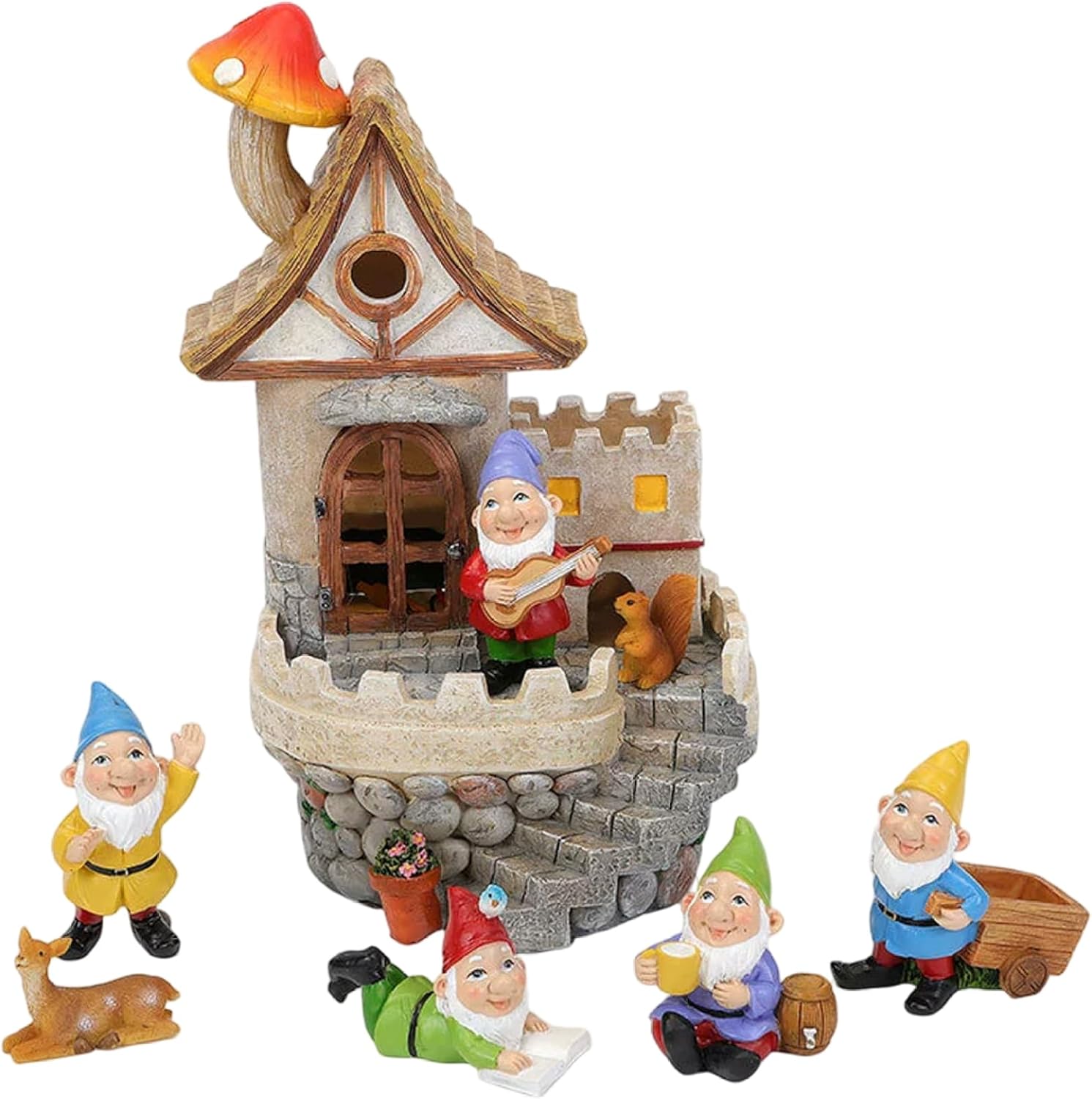 Solar Fairy Garden House with Gnomes - Enchanted Castle Fairy Garden Kit, Waterproof Resin Mushroom Cottage & Small Gnomes Figurines Set for Outdoor Decor.