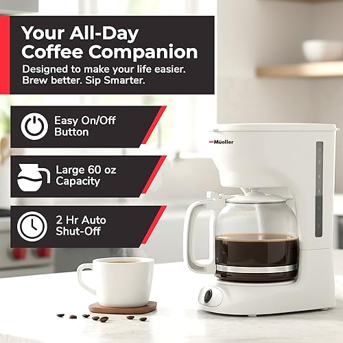 Miniatura 2 de MUELLER HOME Cafetera blanca de 12 tazas, jarra de borosilicato, apagado automático, filtro reutilizable, antigoteo, función de mantener el calor