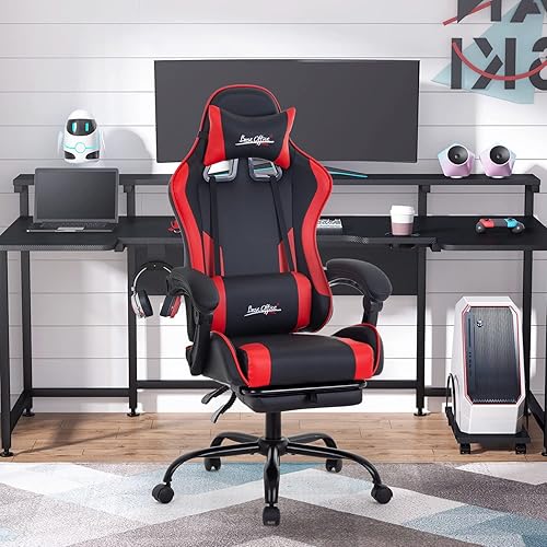 Miniatura 10 de Silla de oficina para videojuegos, silla de escritorio con reposapiés, soporte lumbar, reposacabezas y reposabrazos, giratoria, ergonómica, para