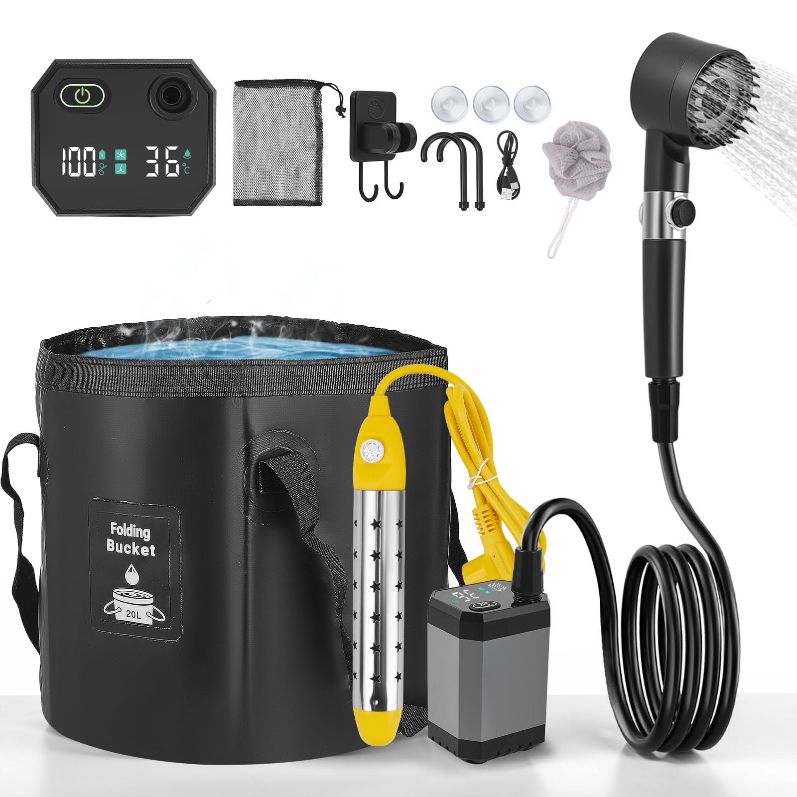 Doccia Da Campeggio, Con Secchio Pieghevole 20L, 8000 Mah Doccia Ricaricabile Portatile, Impermeabile Ipx7, Con Display Digitale Intelligente Per Spiaggia Giardino Lavaggio Auto
