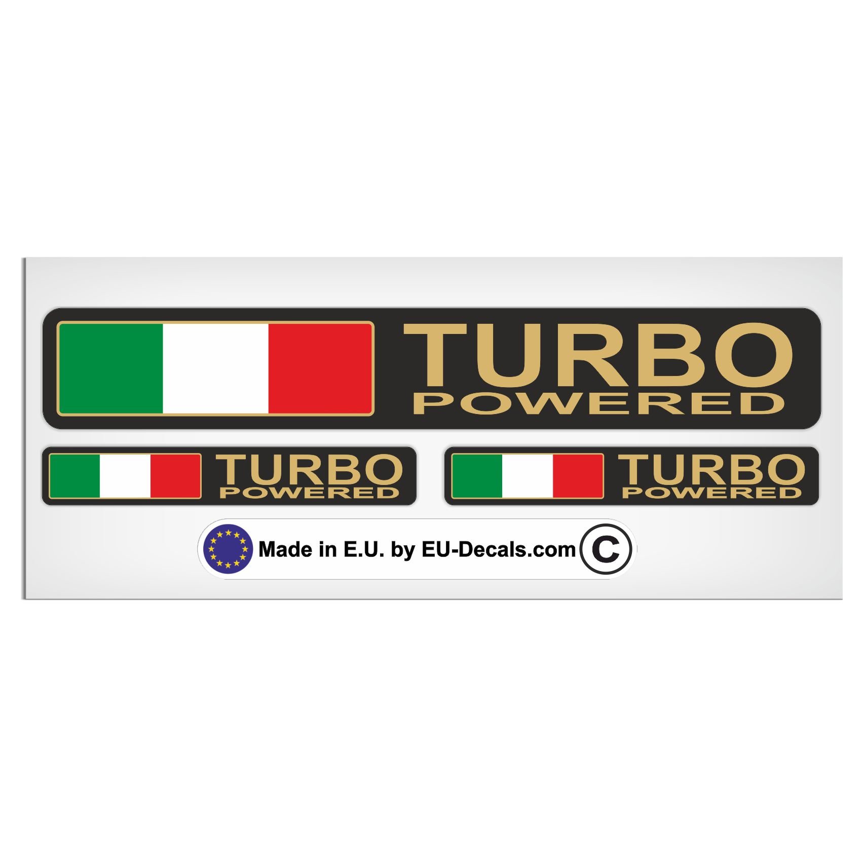Set of 3 Turbo Powered & Italian Italy Flag with Gold Letters Laminated Decal Sticker