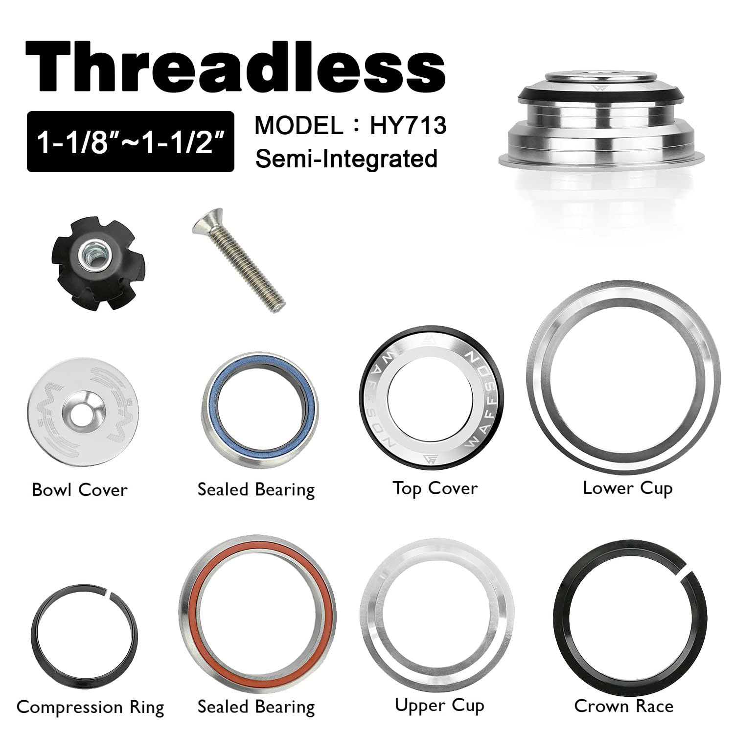 WFS HY713 1-1/8" to 1-1/2" Tapered Semi-Integrated Headset Set for Tapered 44 to 55.9mm Head Tubes - CNC Aluminum Alloy, Threadless, Precision Sealed Bearings for MTB Mountain/Road/City/BMX Bikes