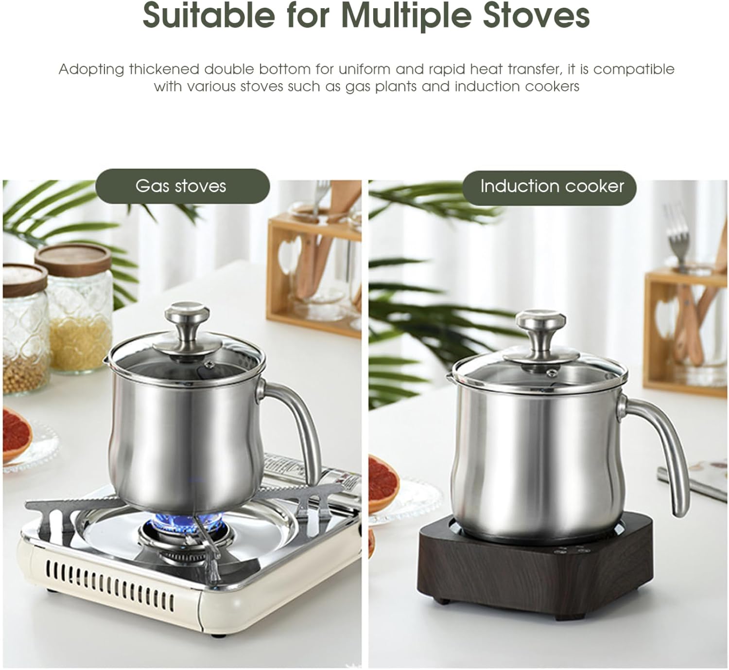 Stainless Steel Saucepan 2L Milk Pot Saucepan with Pour Spout, Glass Lid ＆ Handle for Boiling Milk, Sauce, Gravies, Pasta, Noodles