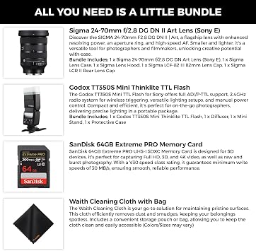 Sigma 24-70mm f/2.8 DG DN II Art Lens for Sony E, Full Frame Format Bundle | Features Six SLD Elements, Rounded 11-Blade. Includes Godox Flash TT350S Mini, 64GB Extreme PRO Memory Card & Cleaning Cloth
