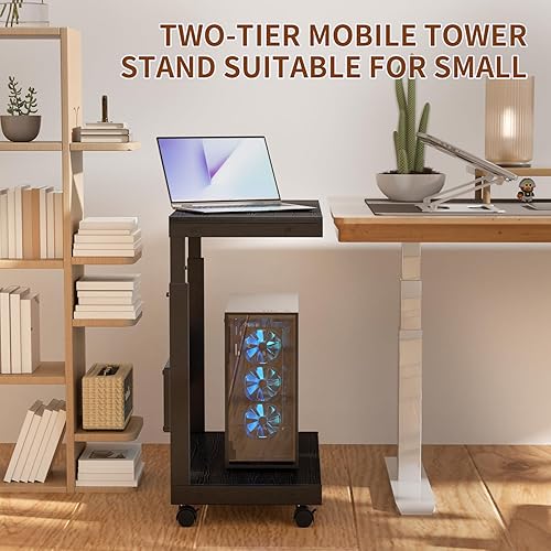 Miniatura 4 de Soporte de torre para computadora, soporte de torre para PC con ruedas, doble nivel y soporte de CPU ajustable de 5 niveles (23.2-33.5 pulgadas),