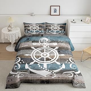 Erosebridal Nautical Anchor Comforter Set, Ocean Compass Bedding Set King Size for Kids Boys Teens Adult Bedroom, Old Barn Door Down Comforter Rustic Farmhouse Quilted Duvet with 2 Pillow Cases