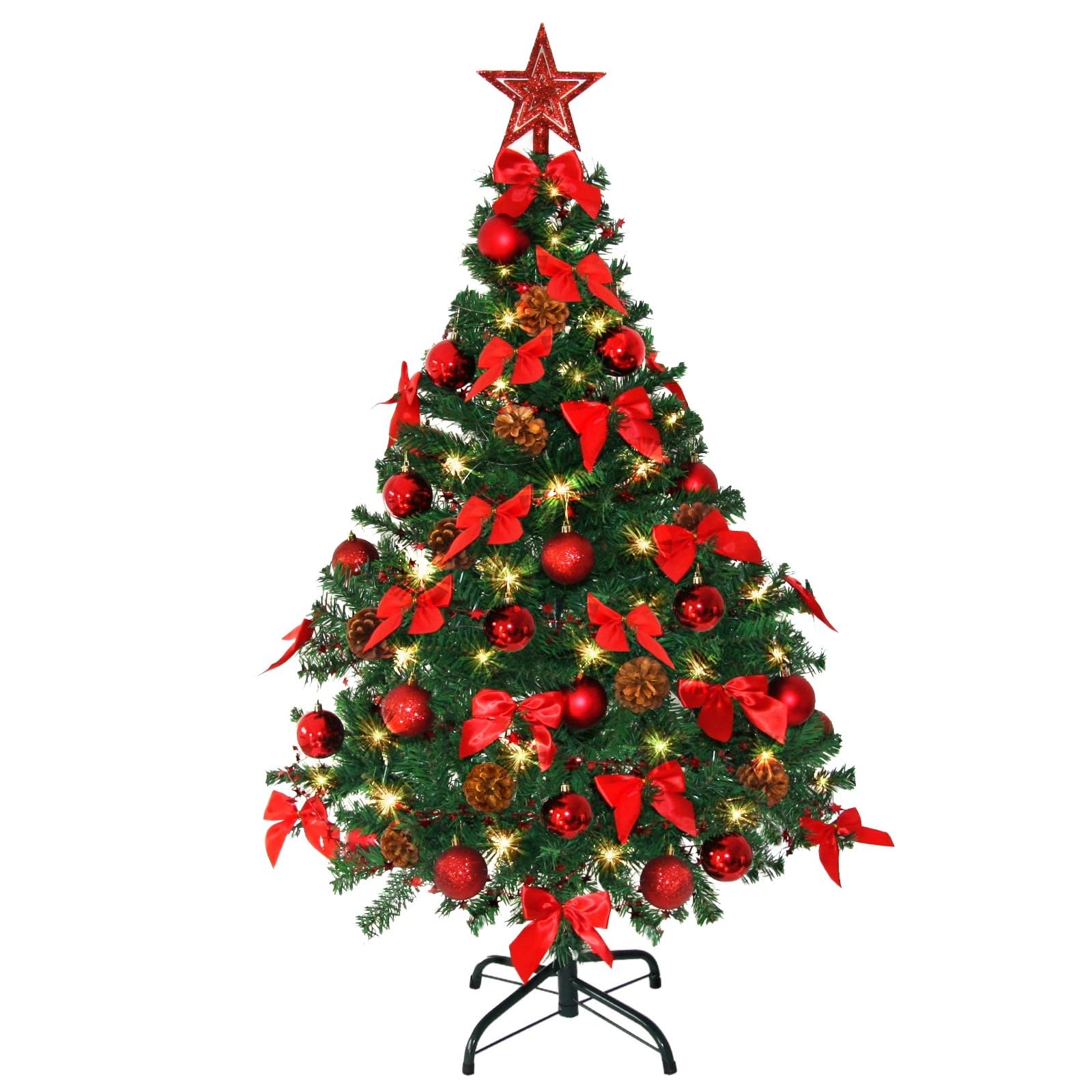 Weihnachtsbaum künstlich (WBD) 150 cm grün mit Weihnachtsdeko rot und Led Lichterkette mit Batteriebox und Fernbedienung künstlicher Christbaum klein Tannenbaum