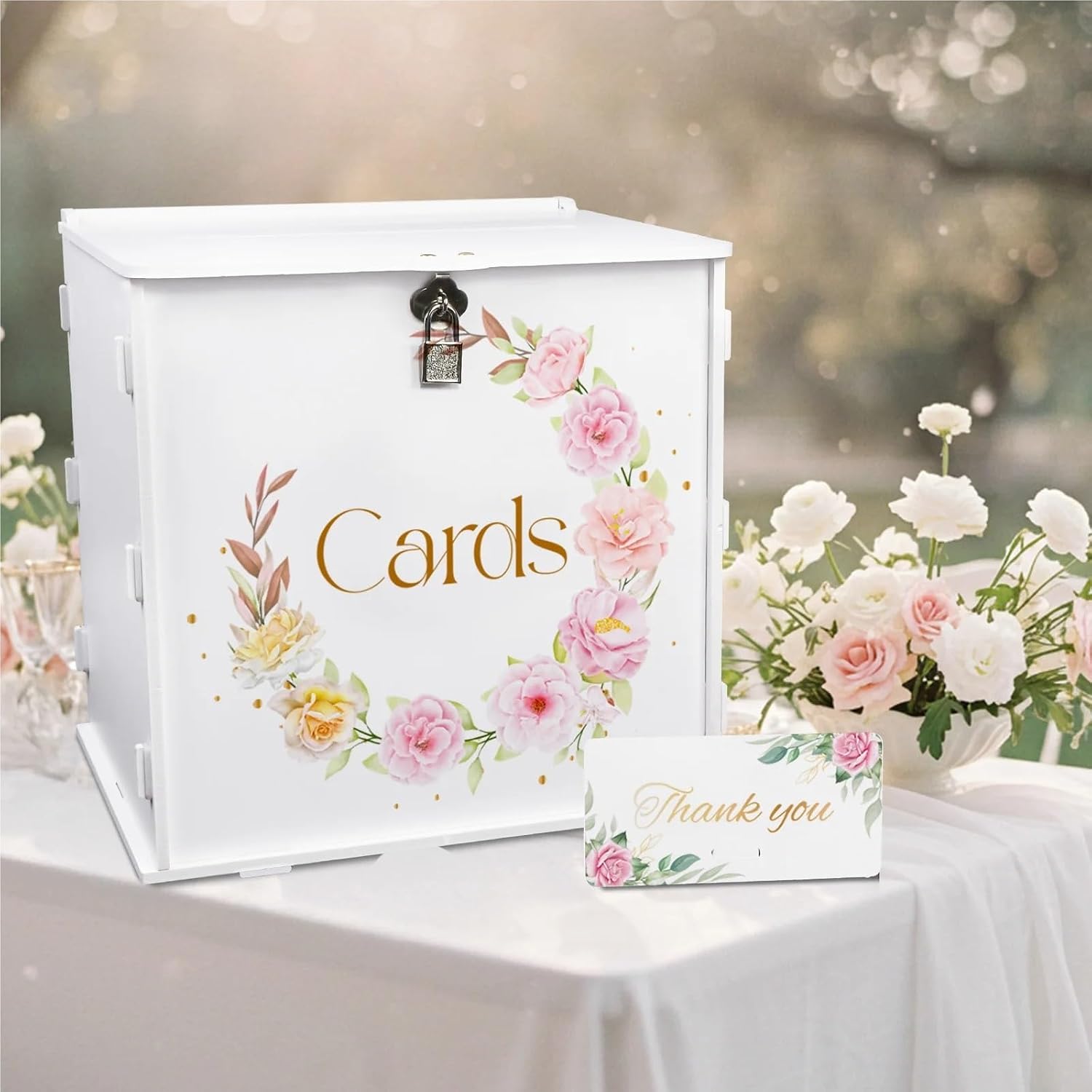 Card Box For Wedding Pink Rose Pattern Wedding Card Box With Lock,PVC Money Envelope For Graduation Party Decor(Color-01)