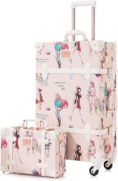KYUSAR Carry On Luggages Suitcase 2 Piece Vintage Suitcase Set,Cute Travel Luggage With 12" Handbag, Hardside Faux Leather Luggage Suitcases Color A, Size 20"+12"