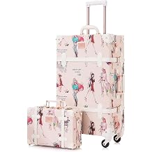 Luggage 2 Piece Vintage Suitcase Set,Cute Travel Luggage with 12" Handbag, Hardside Faux Leather Suitcases with Wheels20"+12"