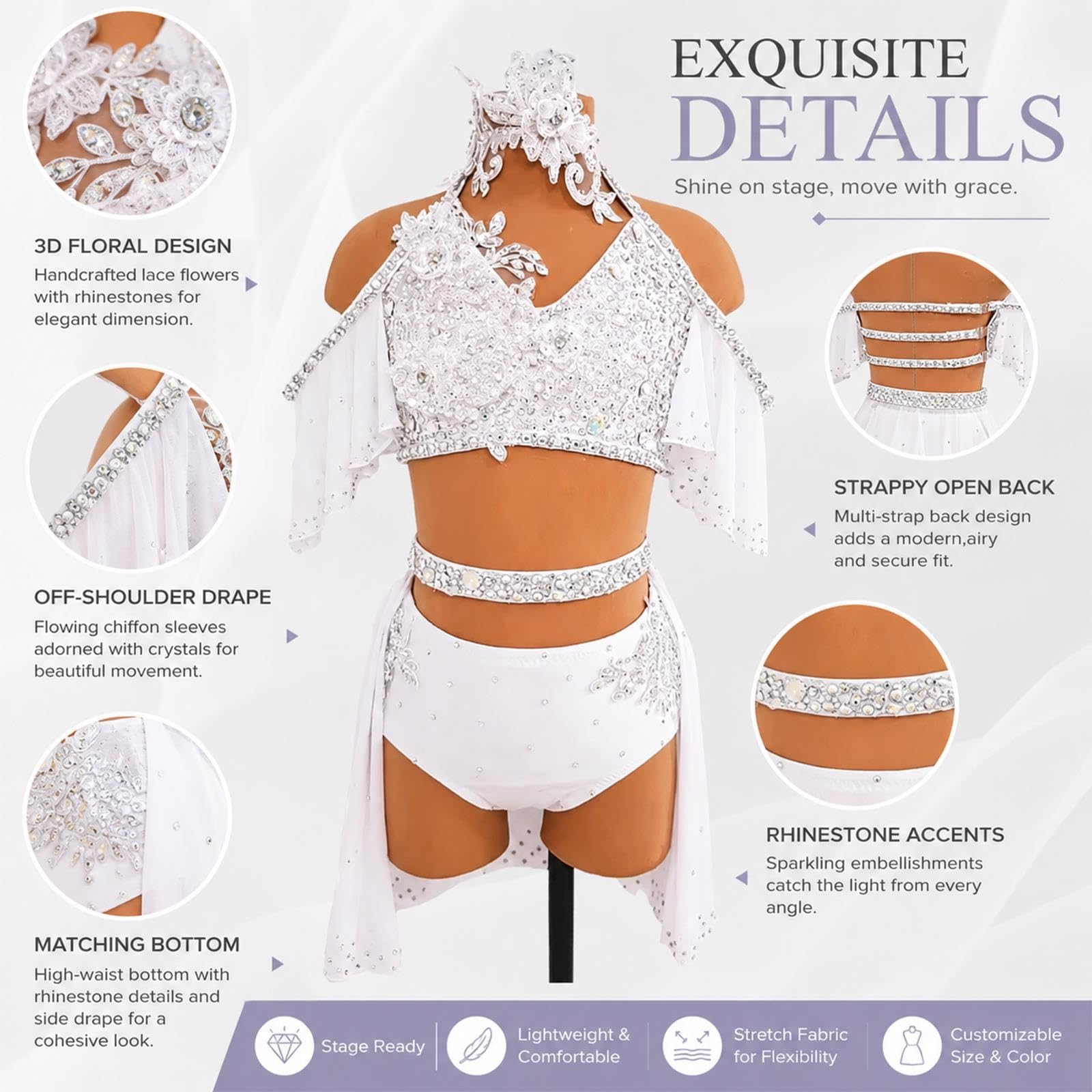 Costume danza lirica 2 pezzi donna ragazza con strass e pizzo