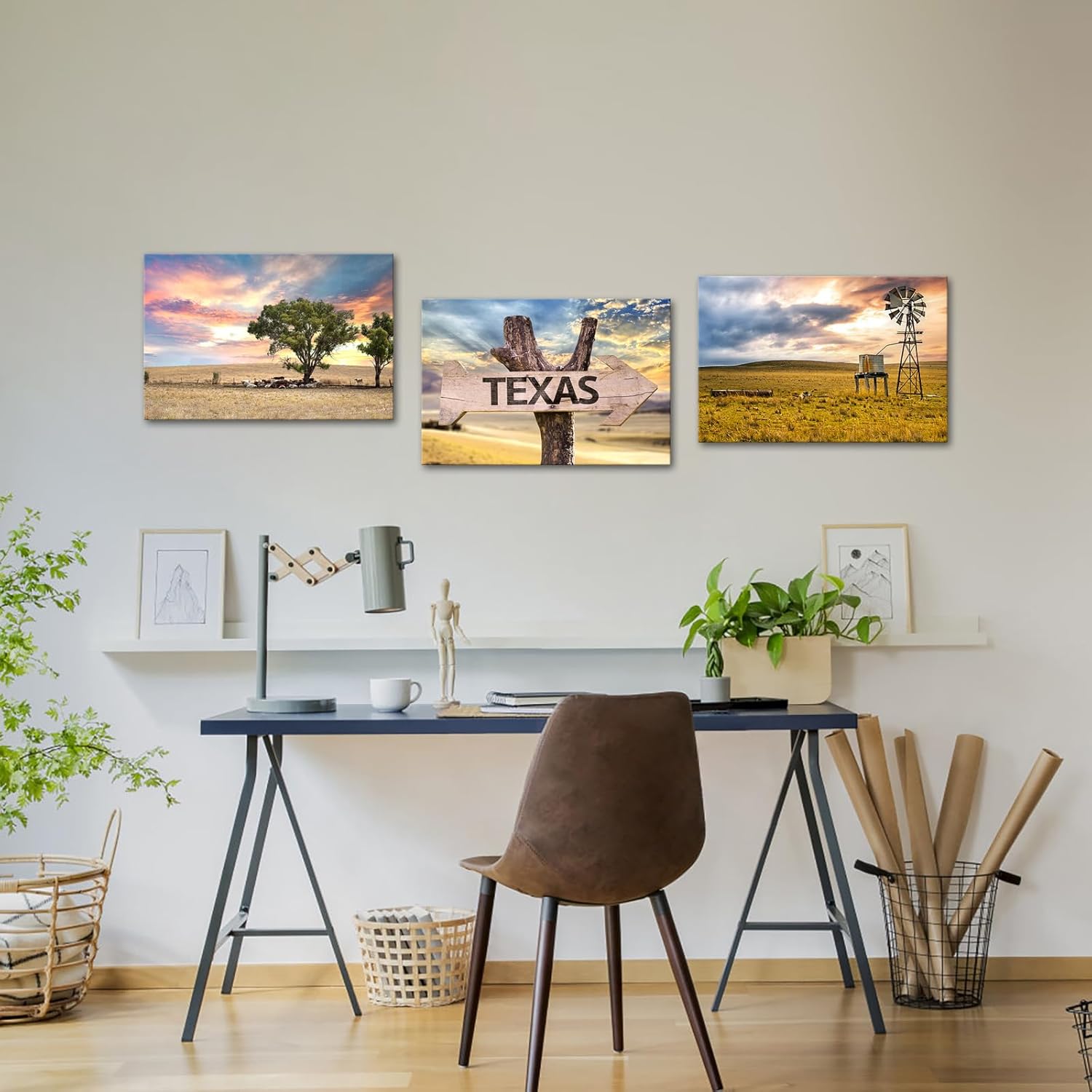 Conipit Texas Landscape Canvas Wall Art Farm Landscape Prints Farmhouse Windmill Tree Pictures Painting Framed For Living Room Bedroom Wall Decor 16''x24''x3pcs