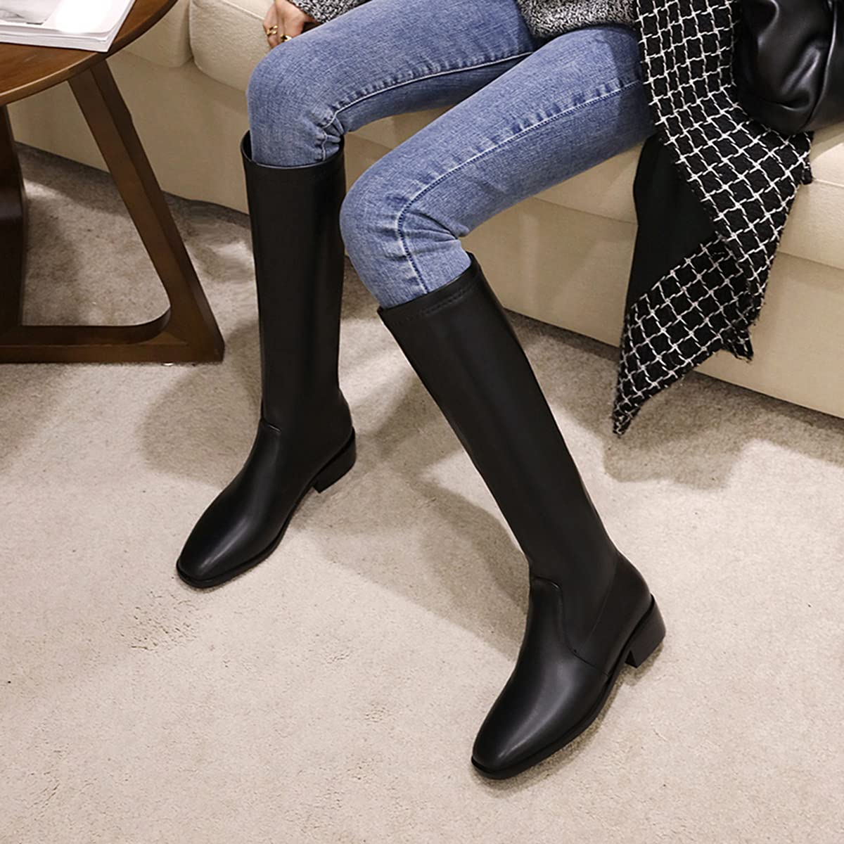 Damen Kniehohe Stiefel mit Niedrigem Absatz