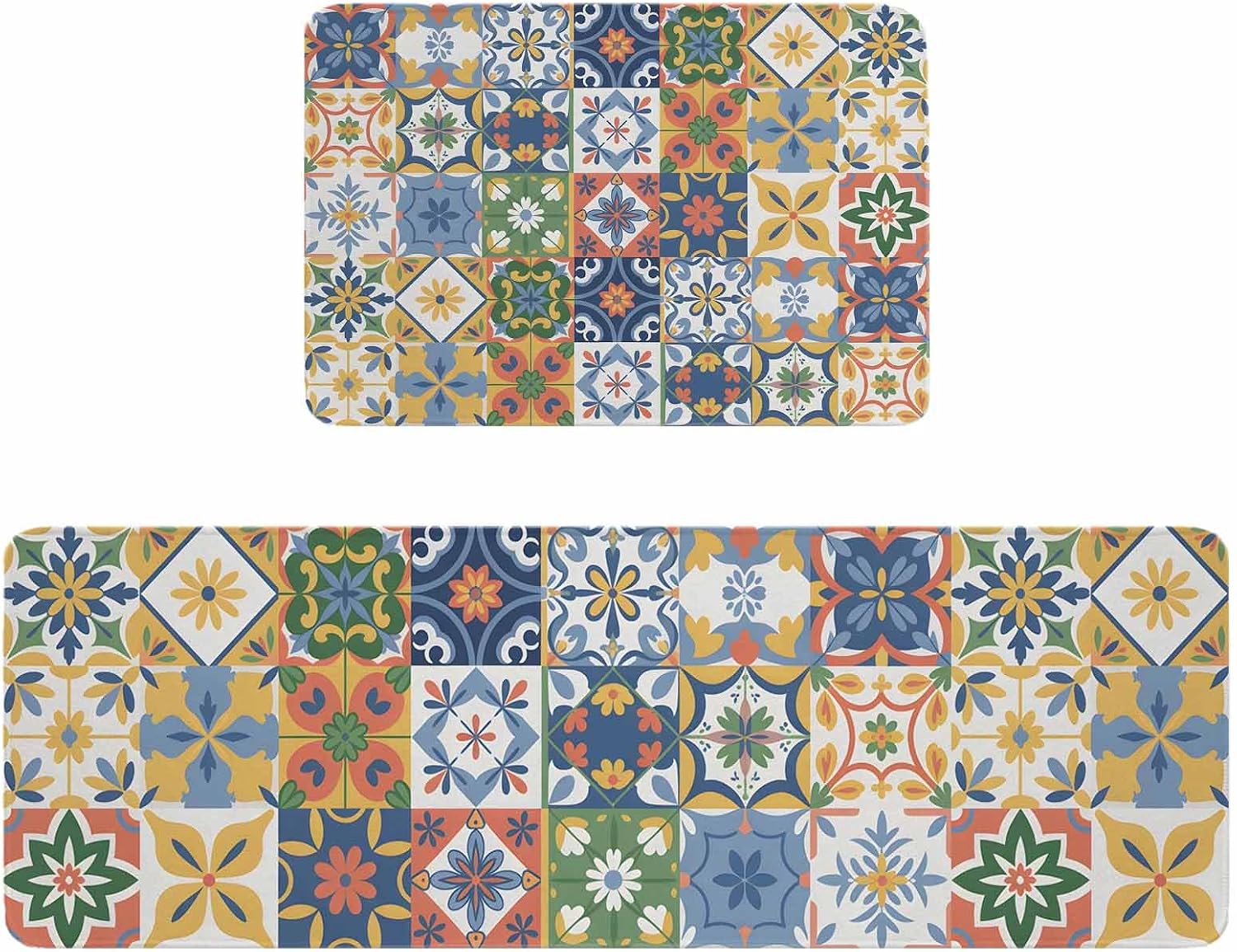 Vintage Mediterranean Kitchen Rugs and Mats Set of 2, Non-Slip Kitchen Sink Mat, Blue and Yellow Tiles Texture Washable Doormat Bathroom Rugs Runner for Bedroom/Living Room 17.7"x30"+17.7"x59"