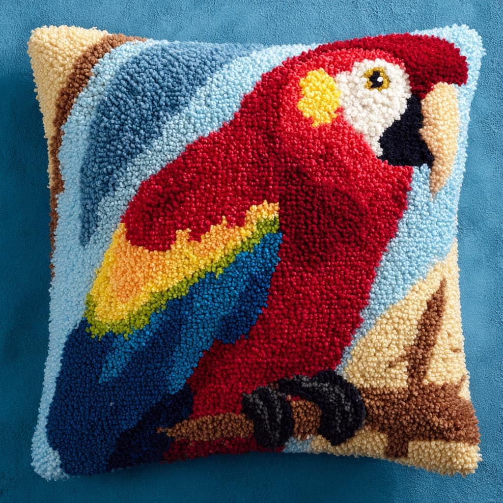 Taxpy Latch Hook Kits, Animal Parrot Pillow for Pillow Pre-Printed Patterns Pillowcase Needlework Crochet Yarns Latch Hooking Cushion 17x17inch