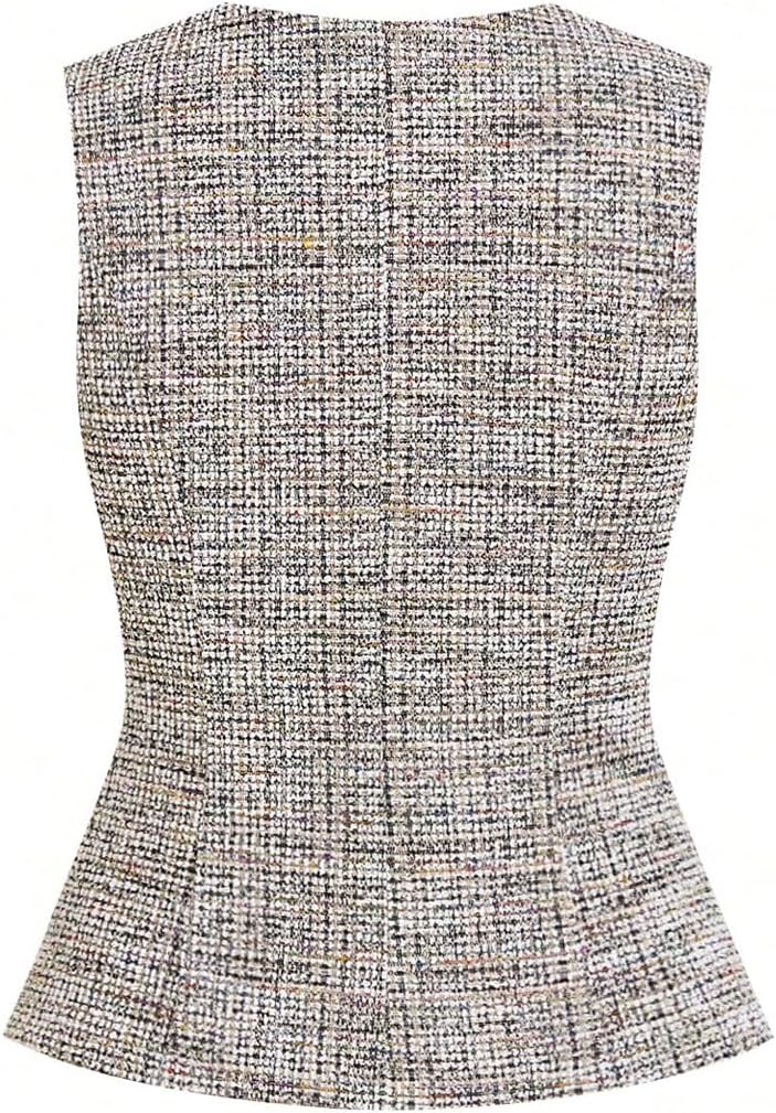 GORGLITTER Women's Tweed Blazer Vest Tops Sleeveless Square Neck Business Casual Cardigan Vests Western Cowgirl Outfits - Image 2