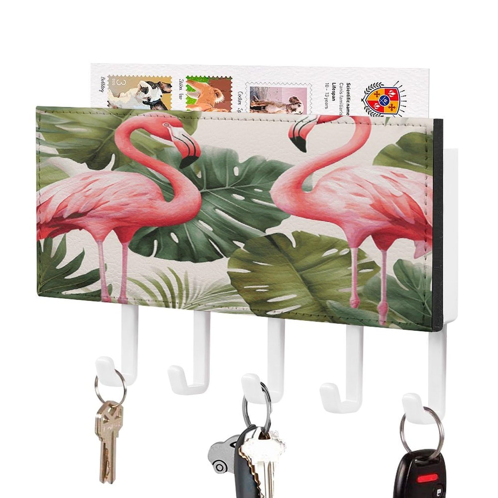 Vstadank White-Style Flamingo Palm Trees Leaf Key Holder For Wall Decorative Mail Organizer Exquisite Coat Rack Pu Wall Mount Adhesive Keys Rack With Tray&5 Key Hook For Door Hallway Entryway Decor