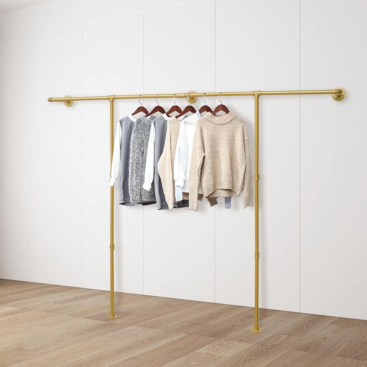 Wall Mounted Clothes Rack, Industrial Pipe Clothing Rack with 5 Bases, Heavy Duty Gold Garment Racks for Bedroom Clothing Store 80.7 Inch Hanging Rod