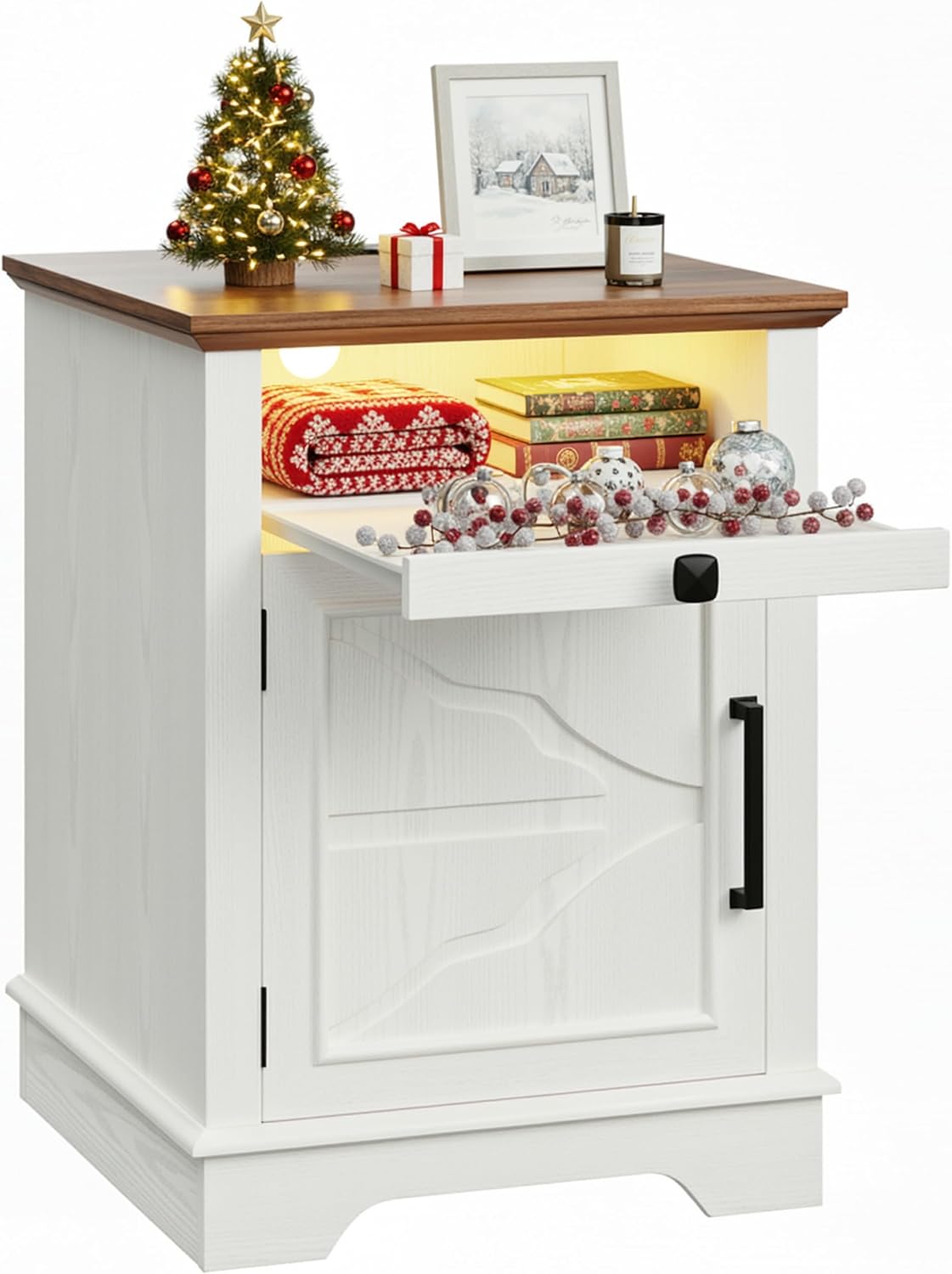 IRONCK Farmhouse Nightstand with Charging Station & 2 USB Ports, App Controlled LED End Table, 19" Rustic Side Table with Storage for Bedroom, White