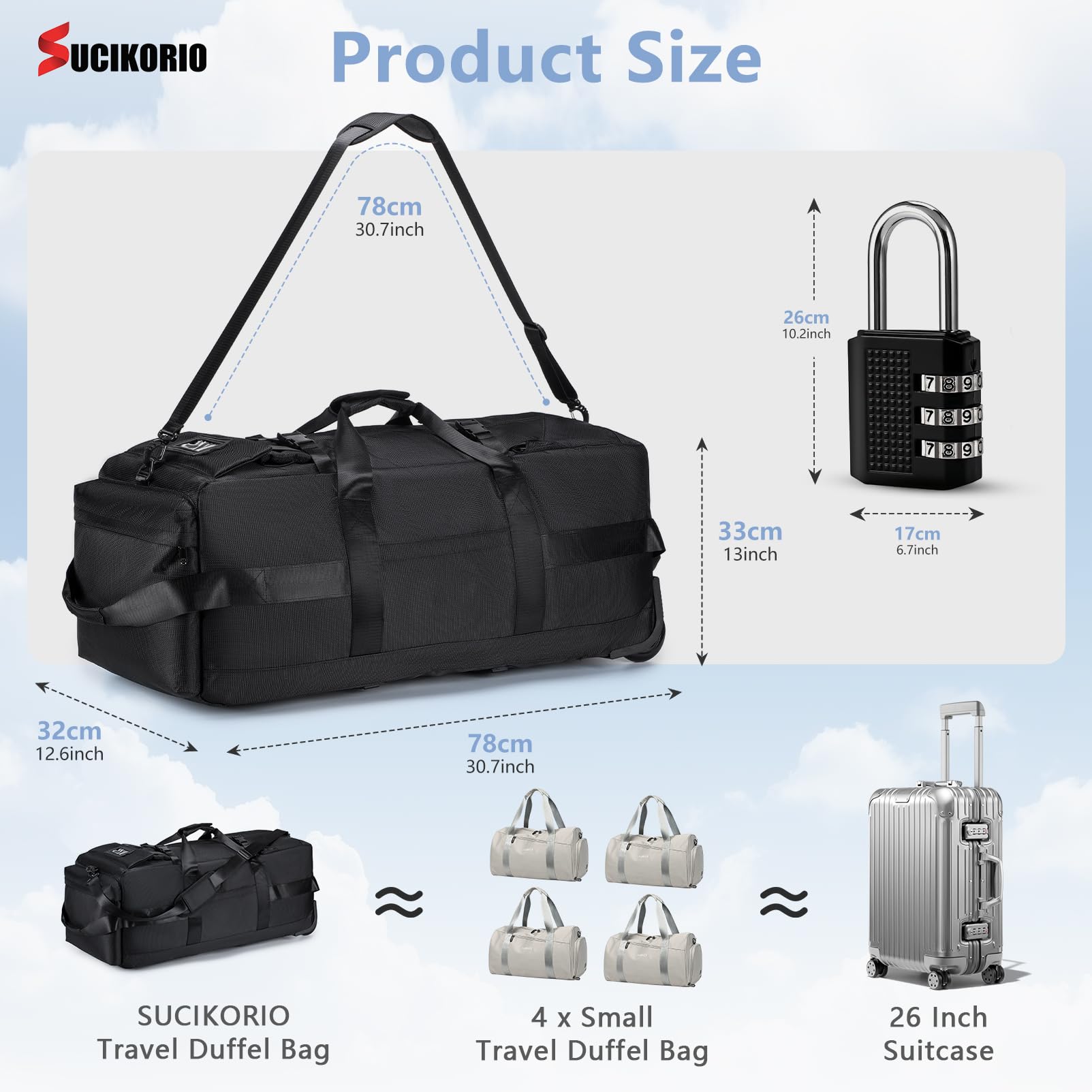 Bolsa de Viaje con Ruedas Impermeable 3 en 1 Mochila Viaje Cabina Avion Bolso de Mano Viaje con Candado de Combinación 80L XL Bolsa de Equipaje Grande 78x33x32cm Maleta para Mujer Hombre