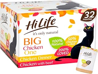HiLife it's only natural The Chicken One Complete Adult Wet Cat Food, Chicken Dinner/Chicken with Beef in Jelly, Grain Free & Made With 100% Natural Ingredients (32 Pouches x 70g)