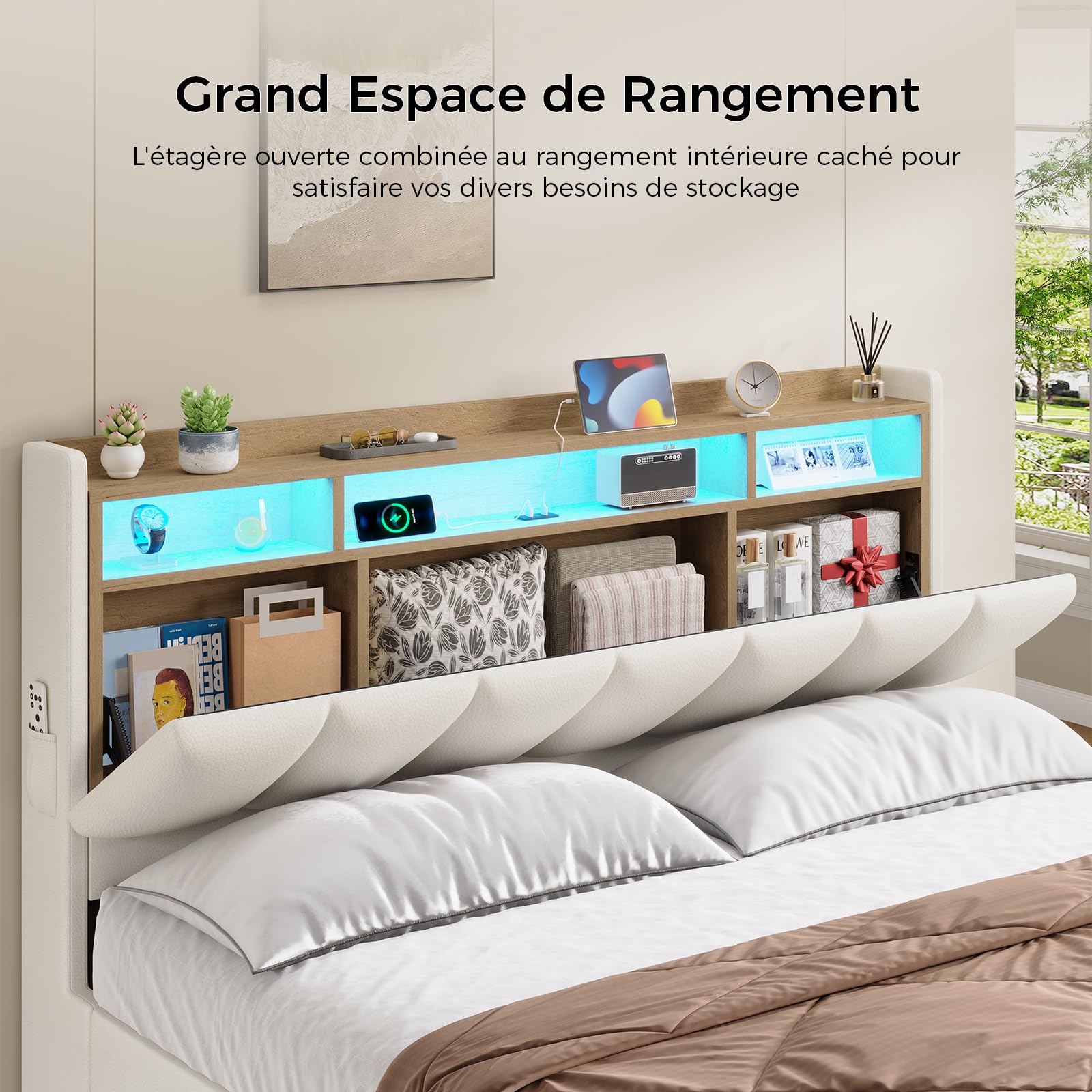 KIMENICH Lit Coffre 160 x 200 à LED, Lit Hydraulique avec Étagères Ouvertes et Rangement Caché en Tête de Lit Capitonné, lit 2 Personnes avec Lattes en Bois, Lits 160 x 200 avec Sommier en PU Blanc