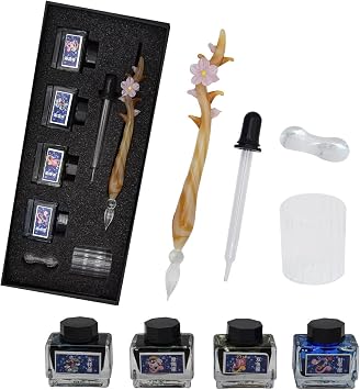 Glass Dip Pen Ink Set Calligraphy Dip Pens Crystal Flower Dip Pen for Art, Writing, Signatures, Office Desktop Adornment Ornaments - Yellow