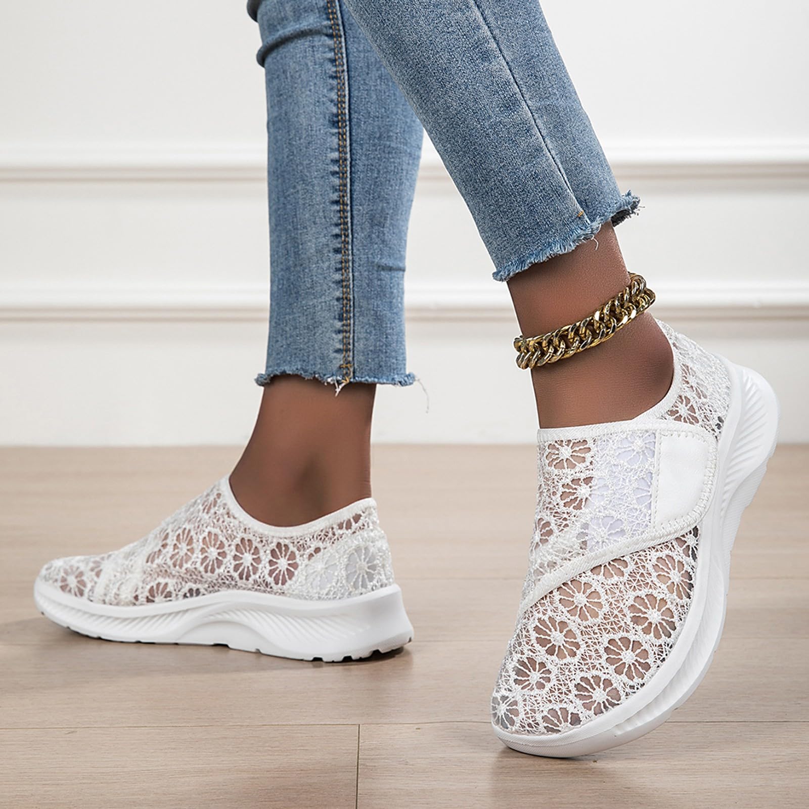Zapatillas elegantes de encaje floral para mujer, transpirables, con correa de para vacaciones de verano y salidas casuales