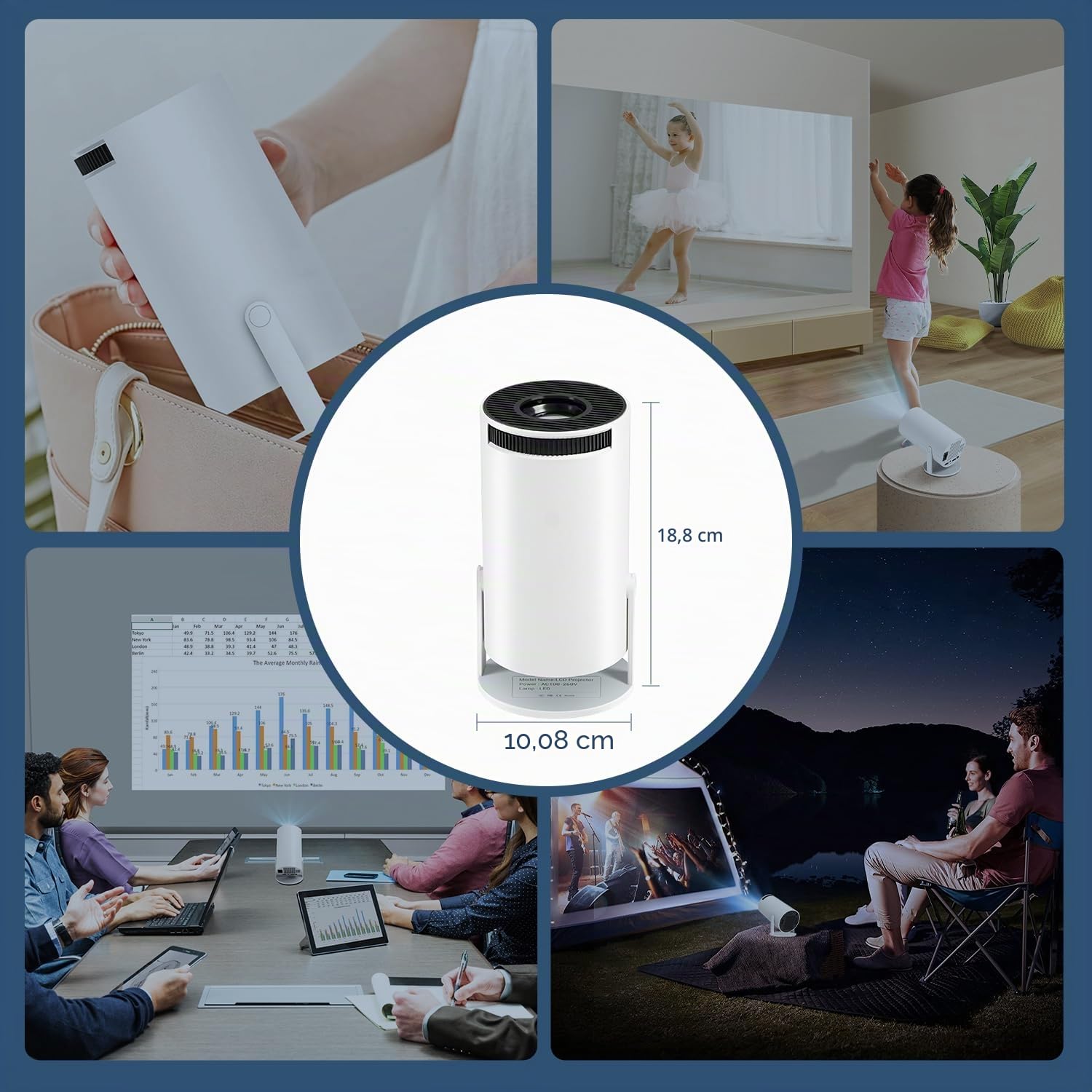 Mini Proiettore Con Bluetooth e WiFi, Proiettore Portatile 4K 1080P Supporta, Rotazione 180°, per Interno/Esterno, Compatibile Con HDMI/TV Stick/Laptop