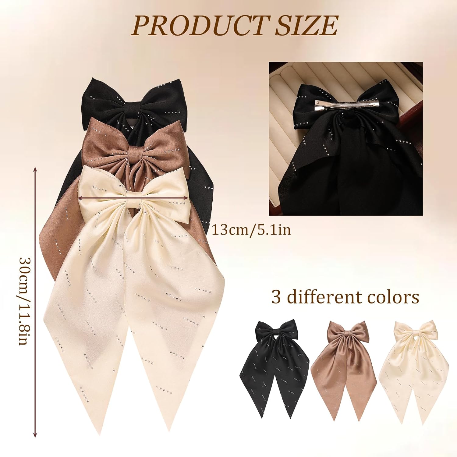 3 PCS Bow Hair Clip for Women,Large Hair Bow Clips Long Tail Ribbons,Silky Satin Bowknot Metal Barrettes with Crystal,Big Hair Bows Hair Accessories Neutral Color - Image 4