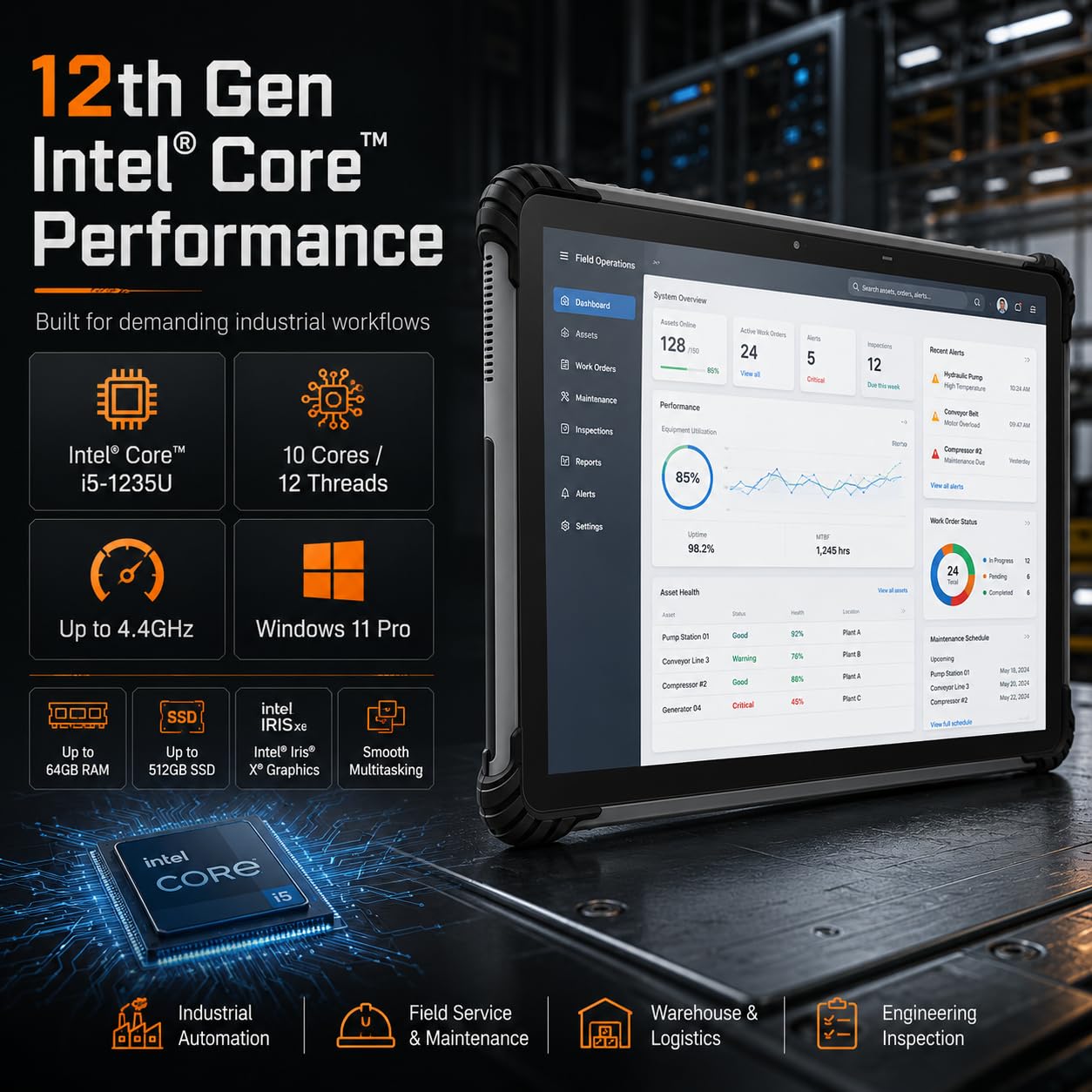 ST13-U Tablet resistente, 13.3 pollici con Windows 11 Pro Tablet Intel I5-1235U, 8GB+256GB, IP65 impermeabile, 4G LTE/GPS/BT5.2/WiFi 6, fotocamera da 13MP+5MP, batteria da 8000mAh (I5-1235U