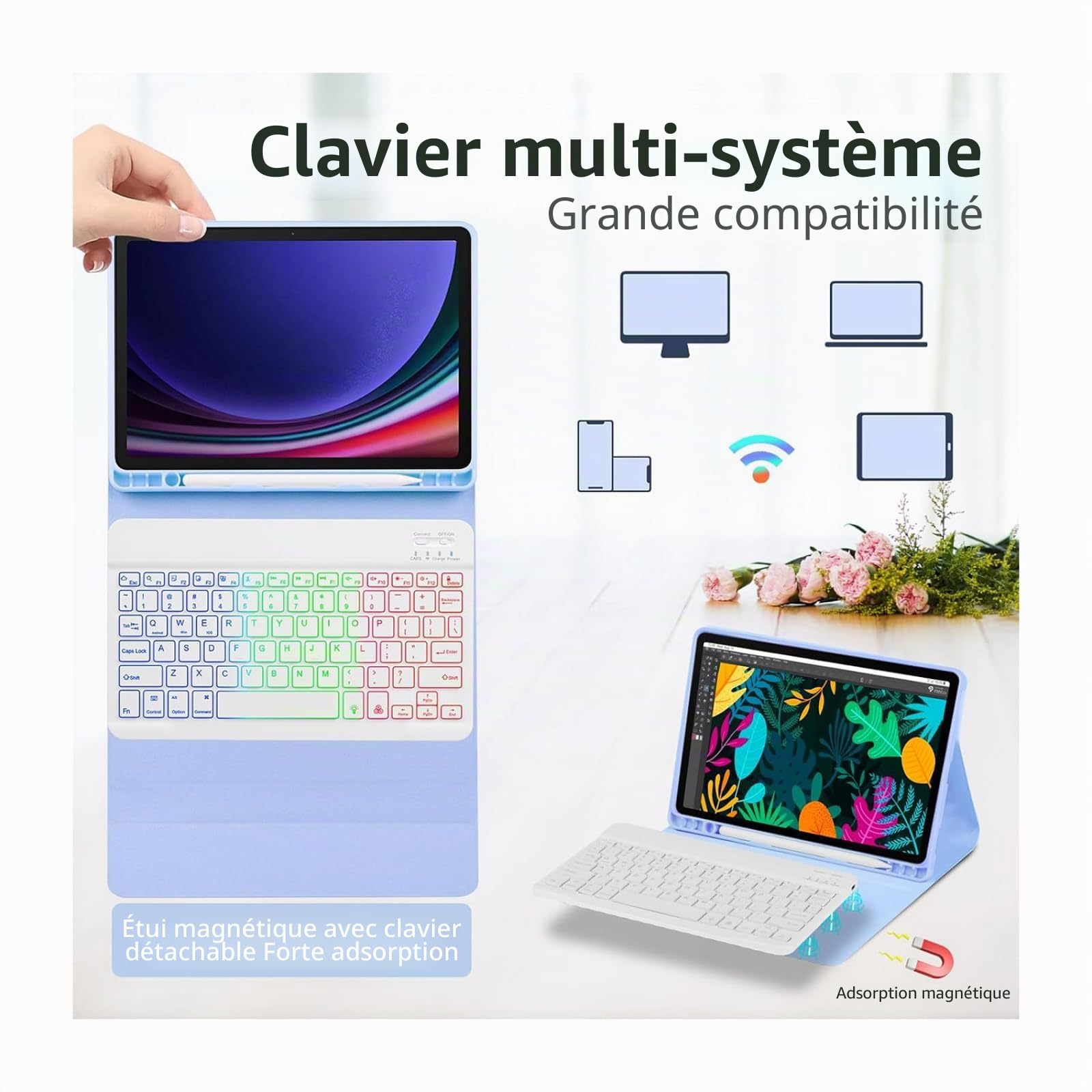 Kit clavier et souris Bluetooth pour tablette Samsung Galaxy Tab S7 S8S9 S9FE 11 avec fente pour stylo Clavier Bluetooth rétroéclairé coloré + souris + étui de protection