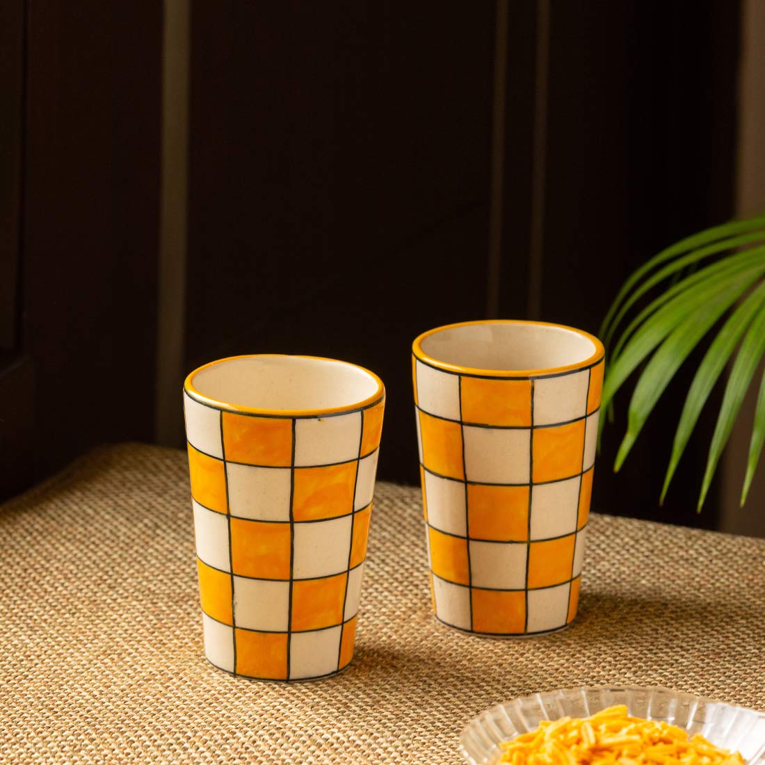 ExclusiveLane 'Shatranj Check' Handpainted Ceramic Gl for Water (Set of 2, 250 ML, Microwave Safe) - Ceramic Tea Glass Set Ceramic Glass for Tea Coffee Milk Gl Juice Gl Set Drinkware
