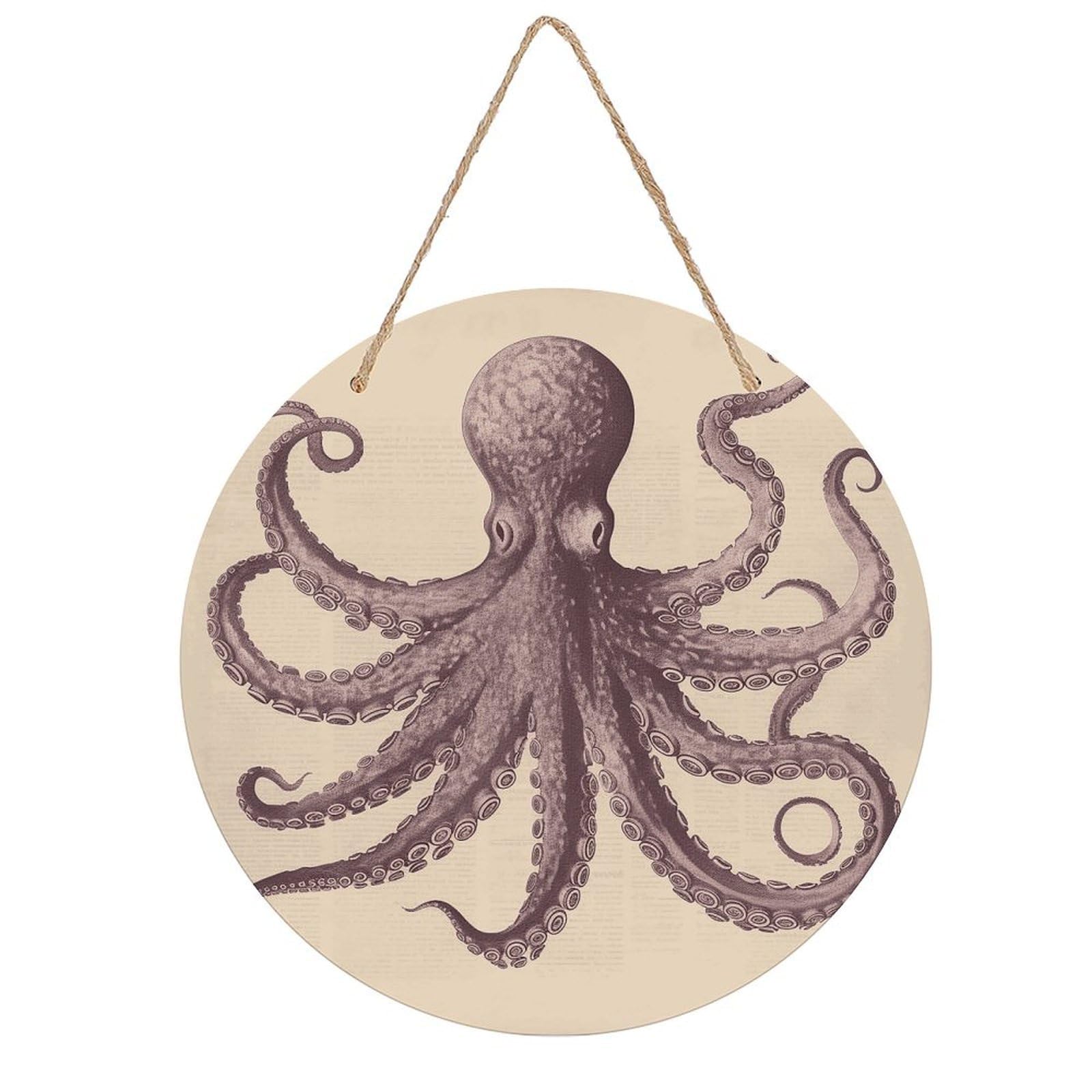 Vintage Octopus Wall Art Neutral Abstract Wooden Walls Hanging Picture Sturdy Farmhouse Round Walls Hanging Vintage Framed Wall Prints for Living Room