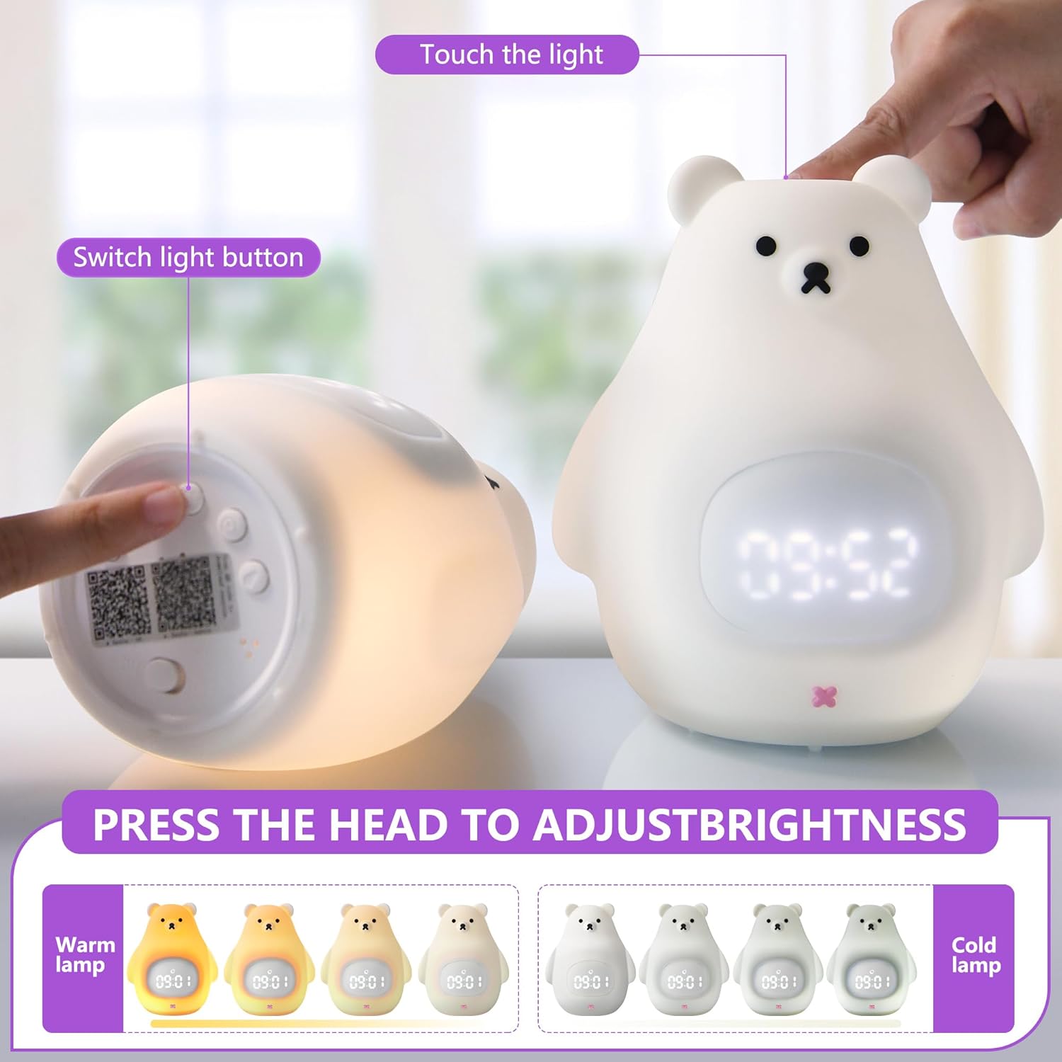Smart Kids Alarm Clock Lamp App Control Toddler Sleep Trainer with Green Night Light All-in-one OK to Wake Rechargeable (Silicone White Teddy Bear)