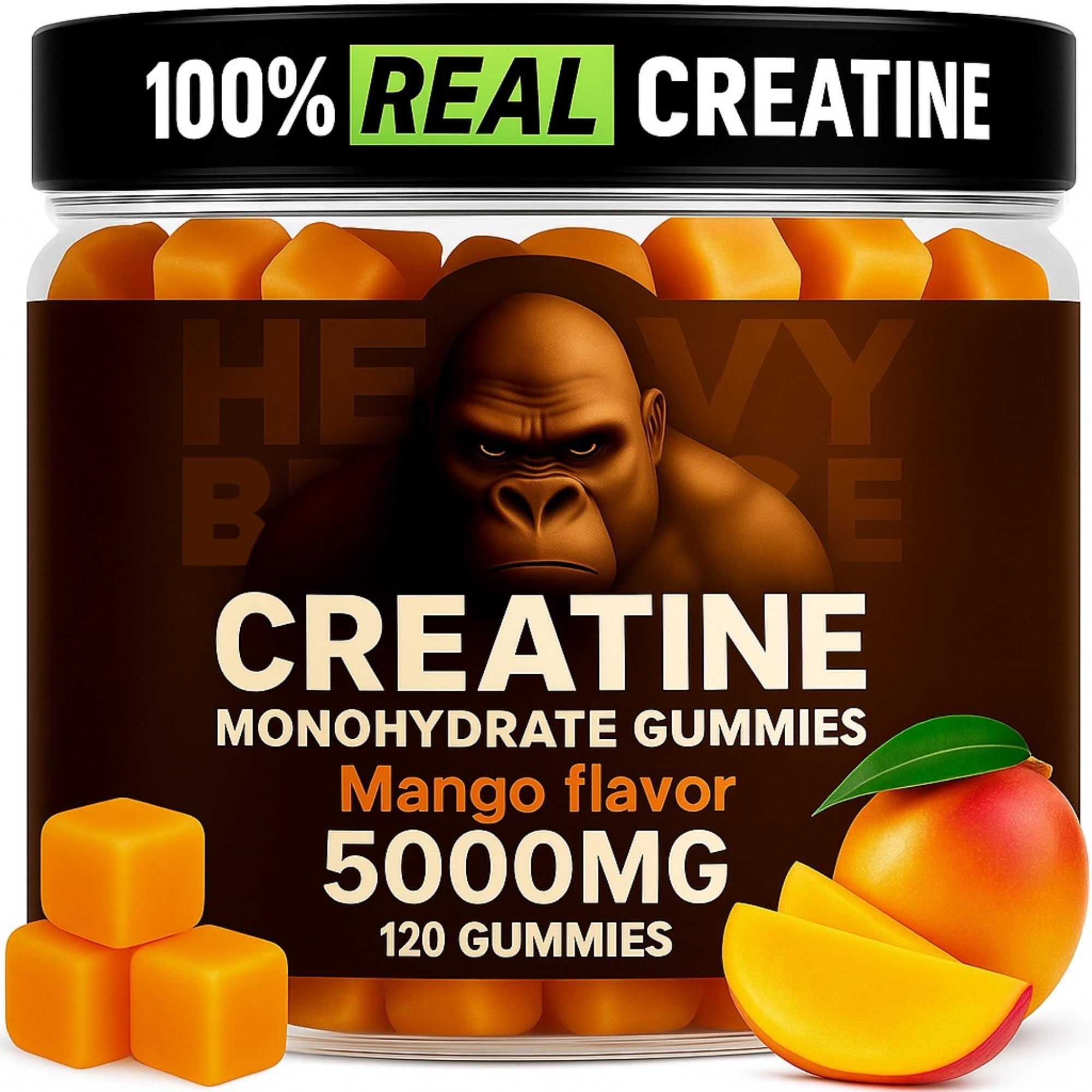 Heavy Balance Creatine Monohydrate Gummies 5g Sugar Free Creatine with Vitamin B12 and L-Taurine | Muscle Growth for Men and Women | Low Calorie Formula 120 Gummies for 30 Servings, Mango