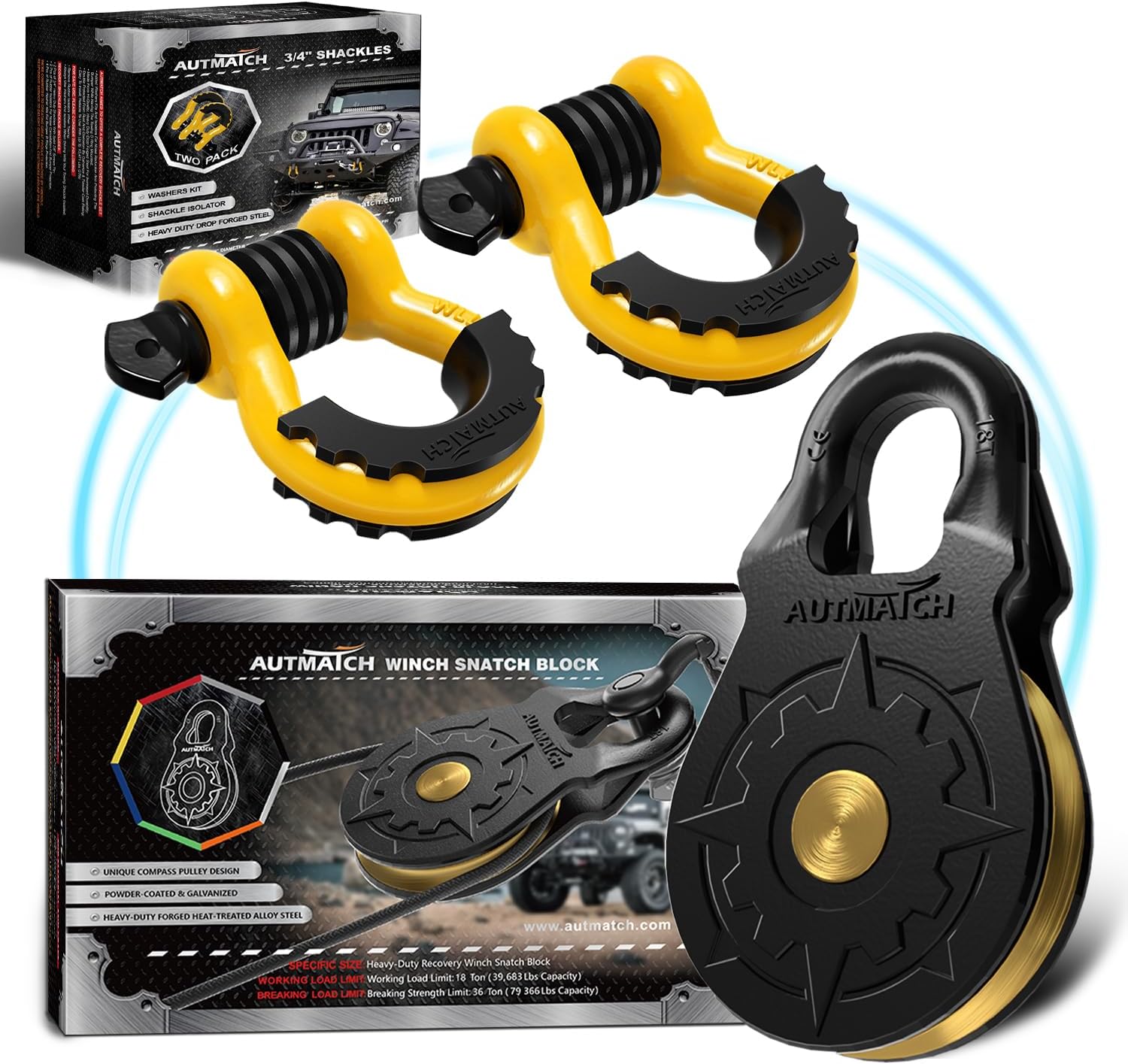 AUTMATCH 3/4" D Ring Shackles with Winch Snatch Block Pulley 18 Ton, Max 79,366Lbs Break Strength, Heavy Duty Off Road Recovery Towing Pulley Blocks Winch Rope, ATV, UTV, Truck, Yellow