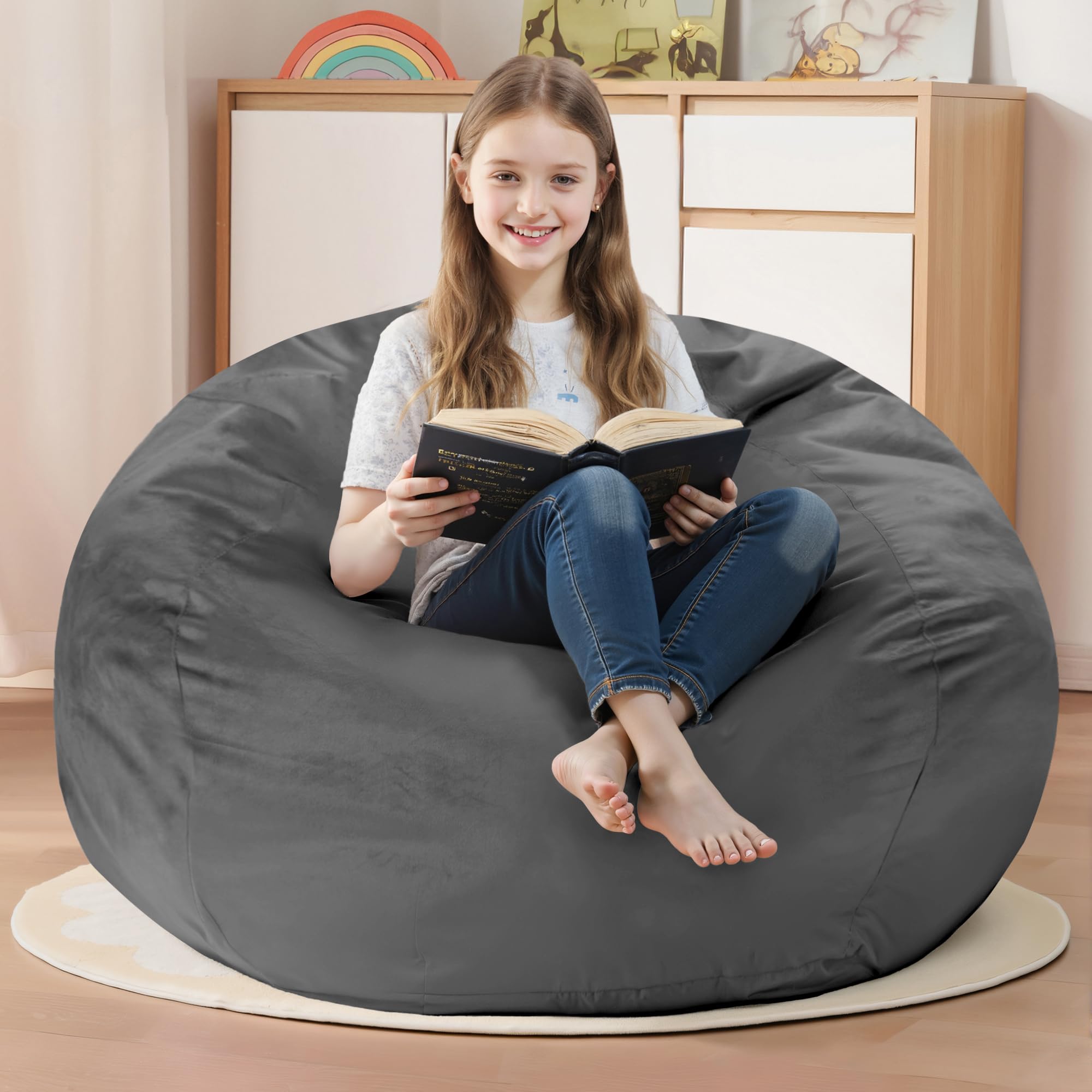 Homguava 2FT Bean Bag Chair: 2' Bean Bags with Memory Foam Filled,Comfy Beanbag Chairs Round Bean Bag Sofa with Dutch Velvet Cover-2FT-28 x28 x22,Grey