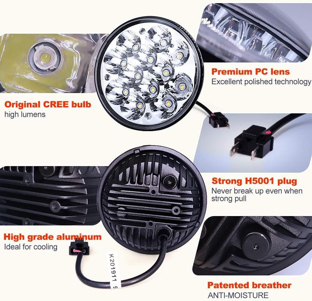 Ourbest H5001 Led Lights Par46 Light for Spotlight, 5.75" 5-3/4" Round Seachlight for Truck Offroad Led Work Lamp Replacement Sealed Beam 36W Chrome(2 Pcs)