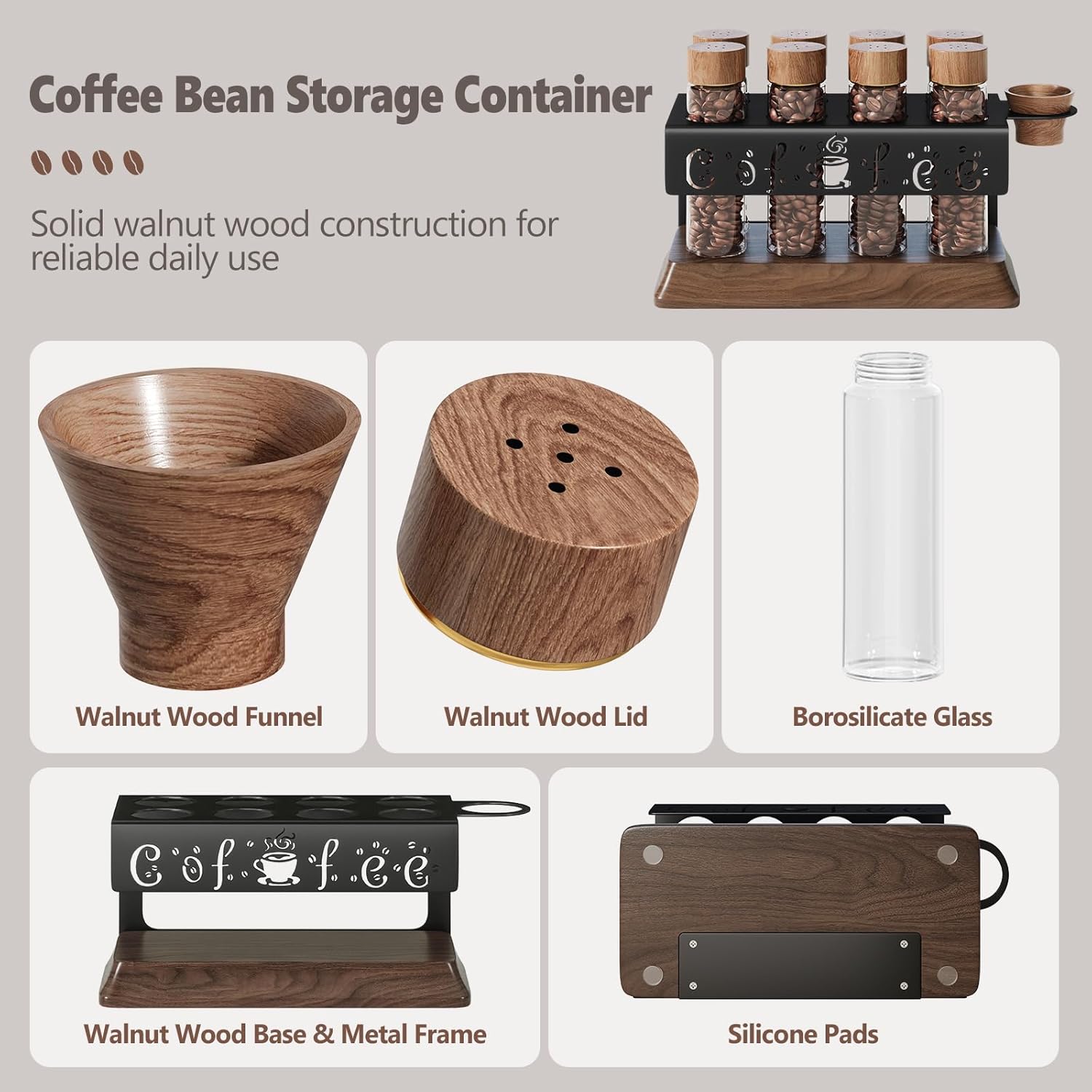 Single Dose Coffee Bean Storage Tubes with One-Way Exhaust Valve,Coffee Bean Container with American Walnut Wood Base,Funnel and Lids,Espresso Bean Storage with 8Pcs Glass Tubes