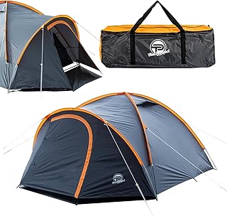 Campingzelt 3-4 Personen (doppelwandig) – leicht, stabil, wasserdicht | verdunkelter Innenraum, Moskitonetz, Fluoreszierende Abspannleine, verstärkte Heringe, Vorraum mit Bodenplane inkl. Tragetasche