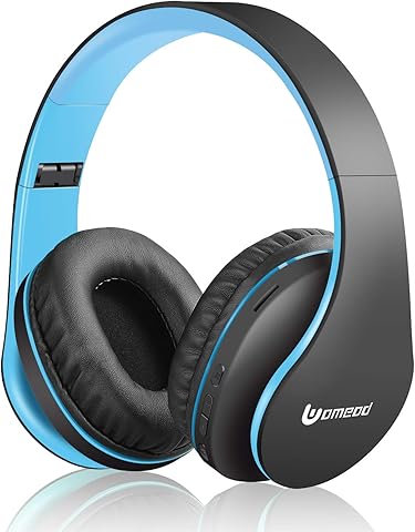 Bluetooth Over Ear Headphones, Uomeod Foldable Wireless and Wired Headset Built-in Mic, Micro SD/TF, FM Radio, Soft Earmuffs & Light Weight for Cell Phone PC TV Travel (Blue)