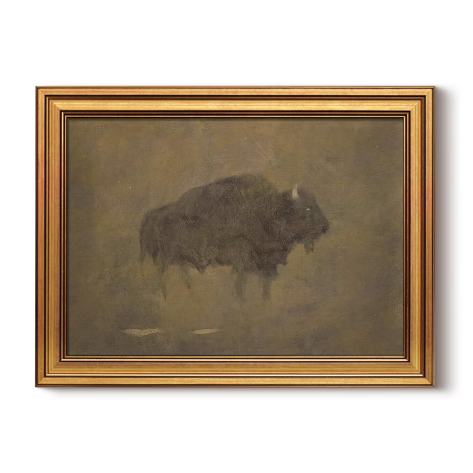 HUARCEY Gold Framed Canvas Wall Art, Retro Bison Picture Decor, Bedroom Bathroom Kitchen Farmhouse Decor, Moody Rustic Vintage Canvas Paintings, 12x16inch