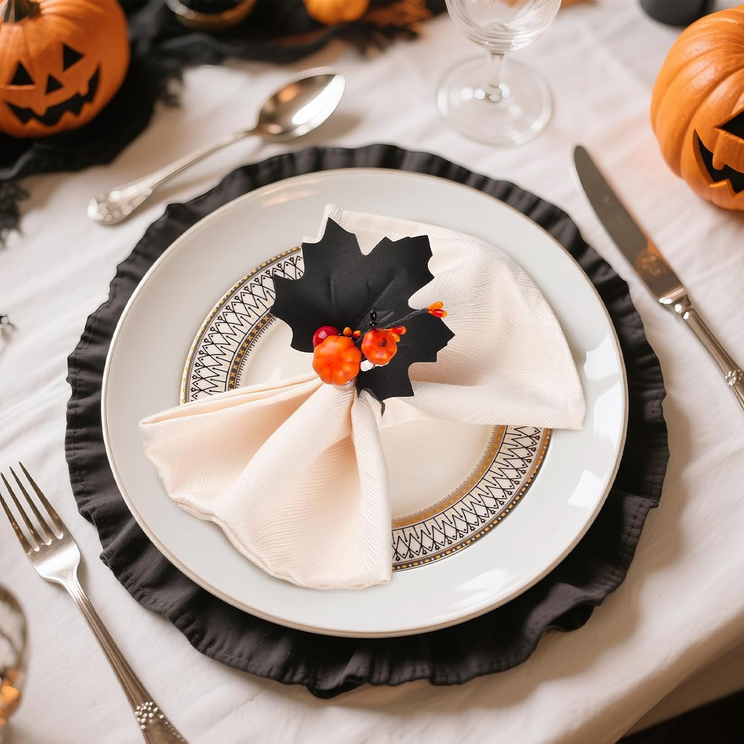 Halloween Napkin Rings Set of 12, Halloween Black Maple Leaf & Pumpkin Bone Fall Napkin Rings Holder Handmade Napkin Ring Set for Halloween Thanksgiving Dinner Table Decor