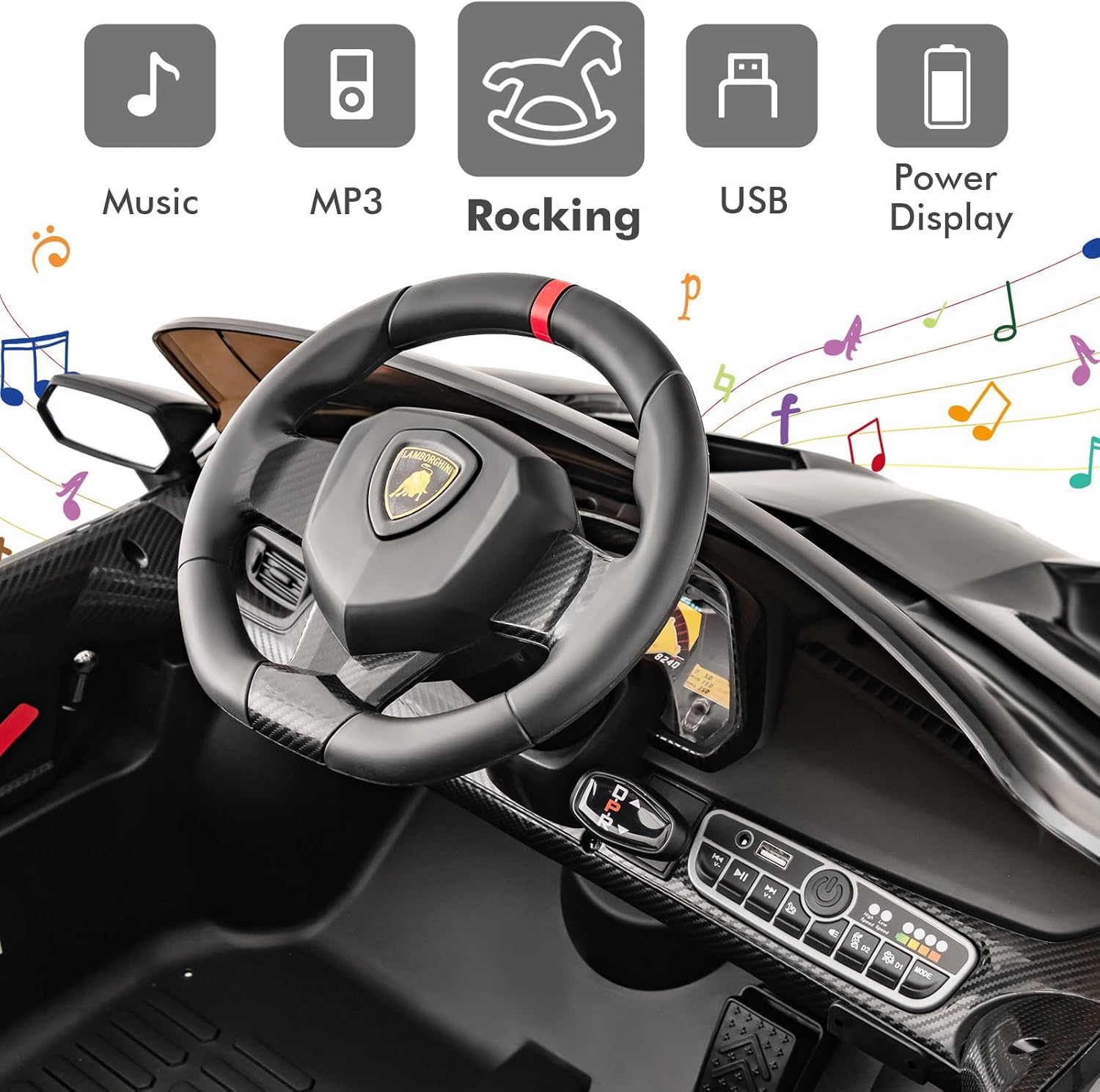 OLAKIDS 2 Seater Kids Ride On Car, 12V 4WD Licensed Lamborghini Veneno Electric Vehicle with Remote Control, Toddlers Battery Powered Toy Gift with 2 Speeds, Rocking Mode, Music, USB, MP3 (Black)