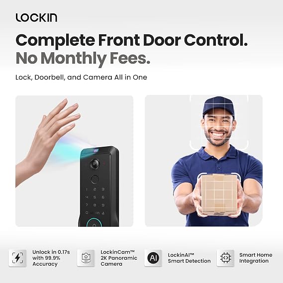 Lockin Veno Pro Smart Deadbolt Lock with Dual Swappable Batteries for 6-Month Extended Power, Palm Vein & Fingerprint Keyless Entry, Built-in Wi-Fi, Doorbell, App Remote Control, IP65 Waterproof